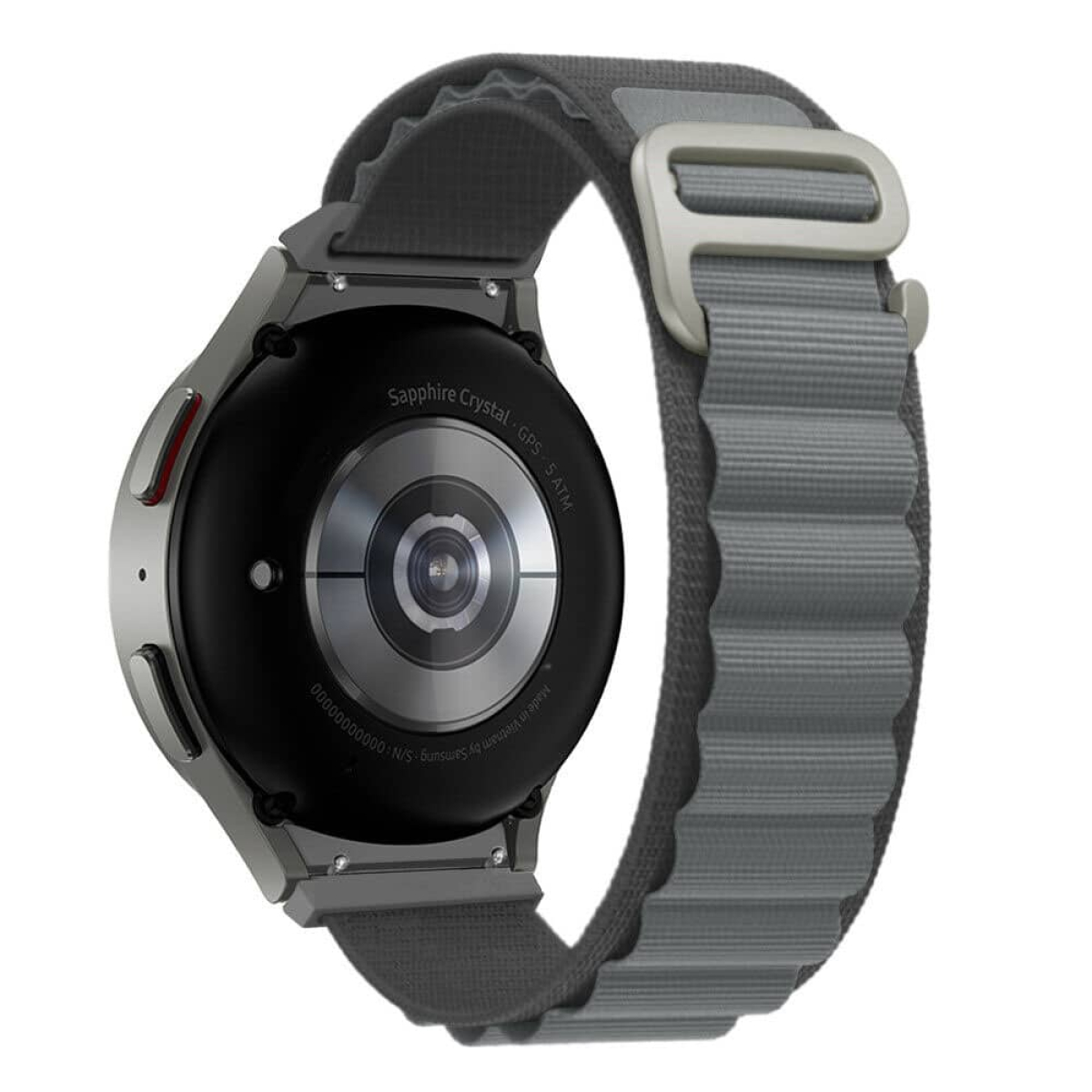 Die Rückseite einer Smartwatch mit grauem Armband, die Sensoren und Details zeigt.