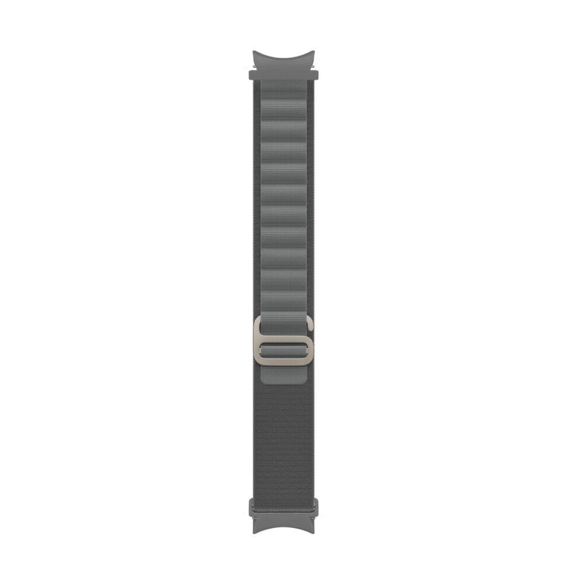 Graues Stoff-Uhrenarmband mit Metallschnalle.