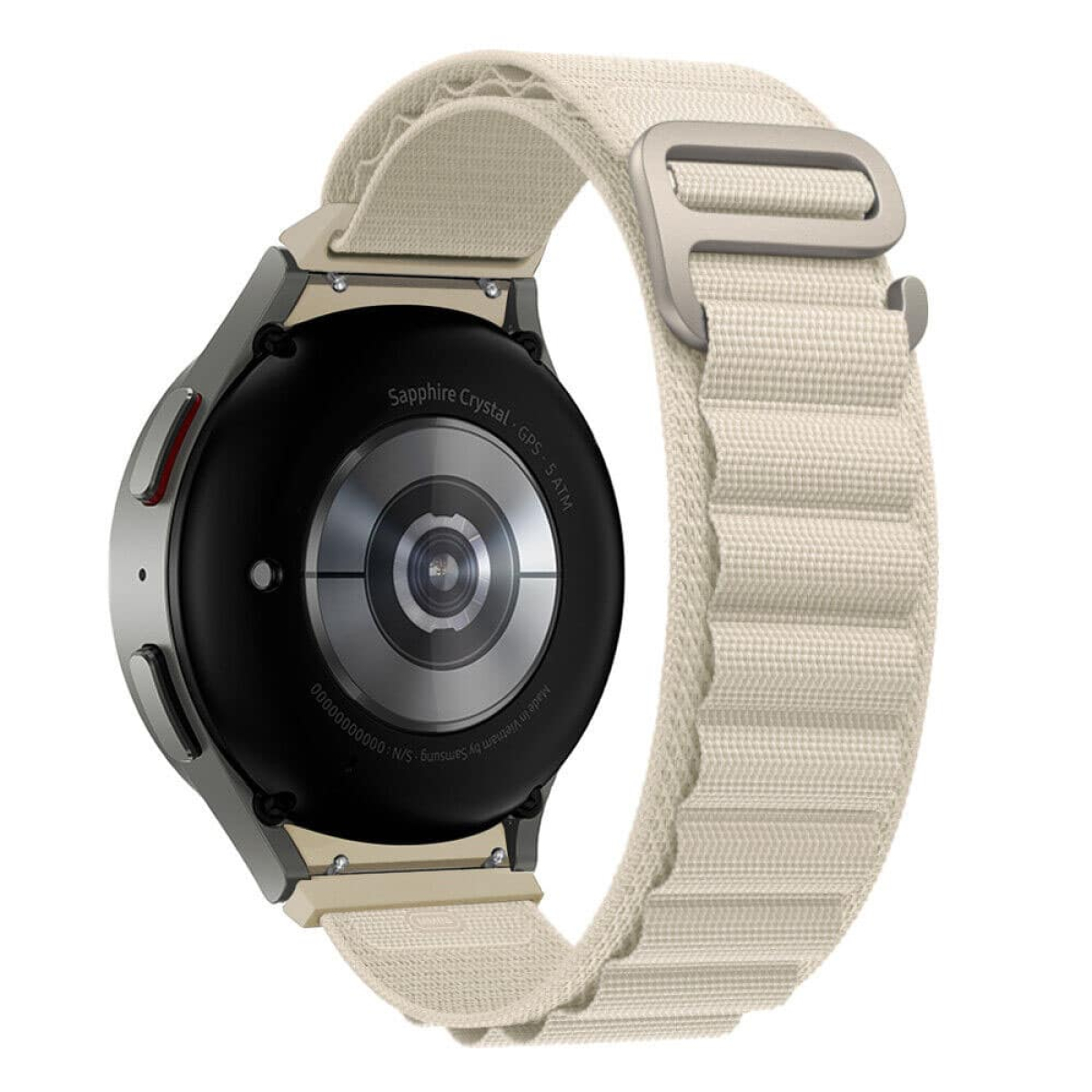 Schwarze Smartwatch mit beigem Armband, Rückansicht.