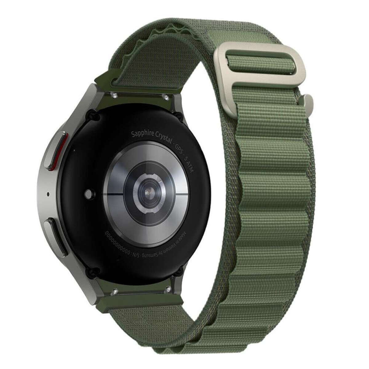 Eine Samsung Galaxy Uhr mit grünen Armbändern, Rückseite nach oben.