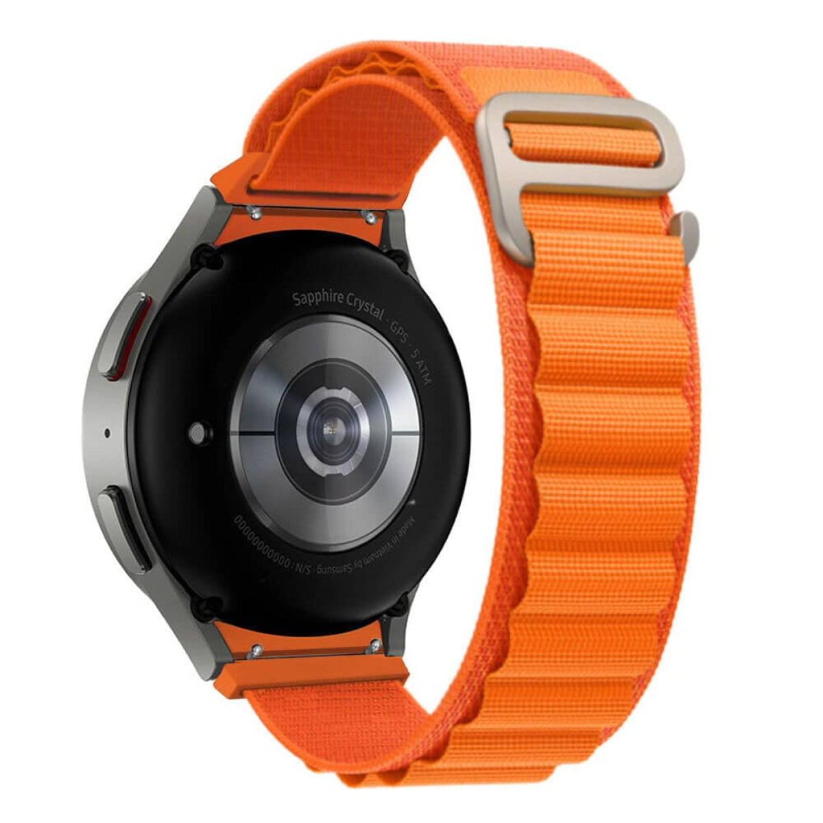 Rückseite der Smartwatch mit orangefarbenem Armband. Die Rückseite hat eine schwarze Oberfläche mit Sensoren und Text. Das Armband ist orange.
