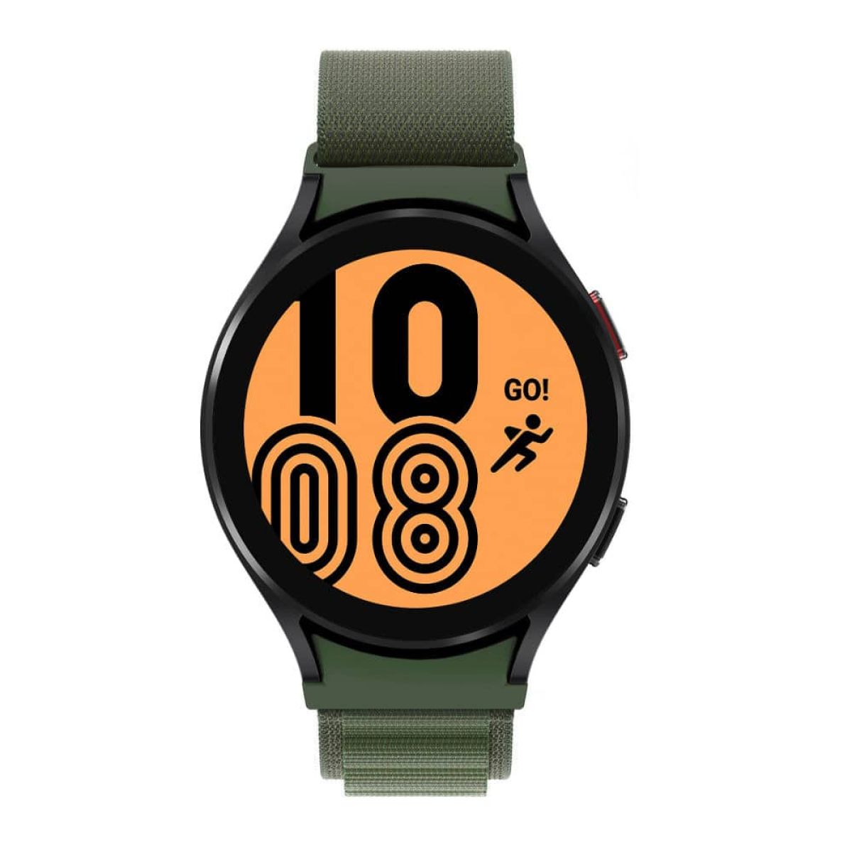 Eine schwarze Smartwatch mit grünem Armband zeigt die Uhrzeit 10:08 und eine laufende Figur.