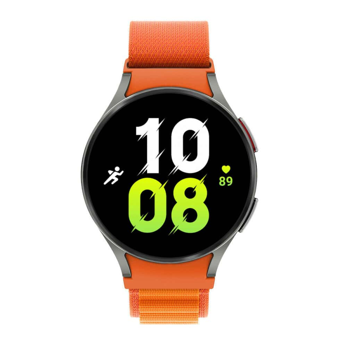 Die orangefarbene Smartwatch zeigt die Uhrzeit 10:08 und die Herzfrequenz 89 an, isoliert auf Weiß.