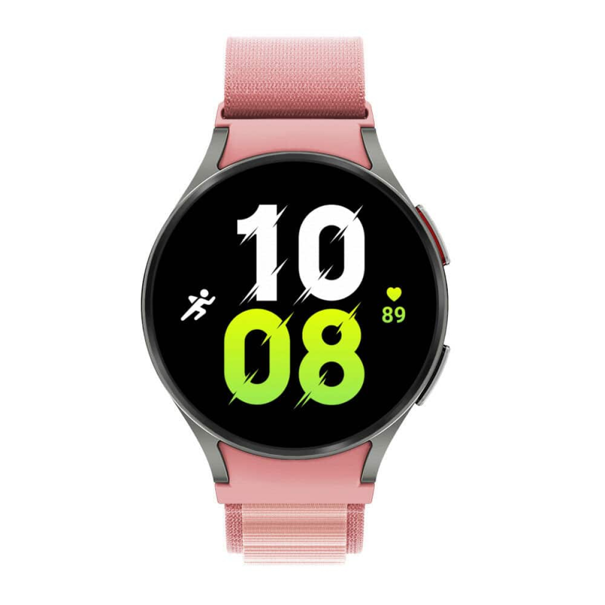 Smartwatch mit pinkfarbenem Armband, zeigt die Uhrzeit 10:08 und eine Herzfrequenz von 89.