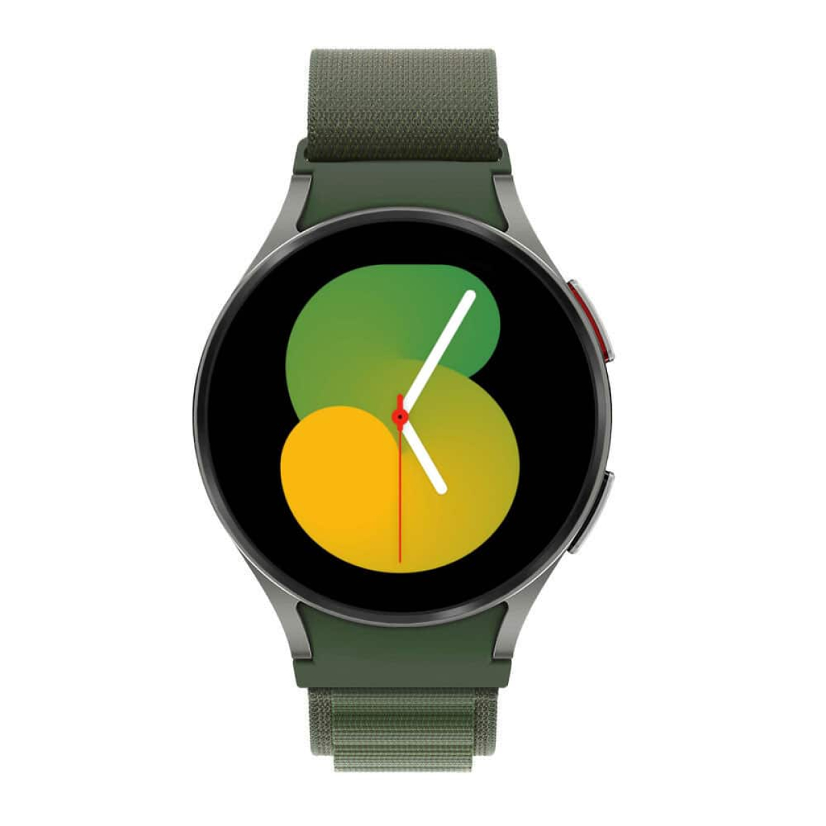 Eine grüne Smartwatch mit rundem Display, das die Uhrzeit anzeigt. Die Uhr hat ein grünes Armband.