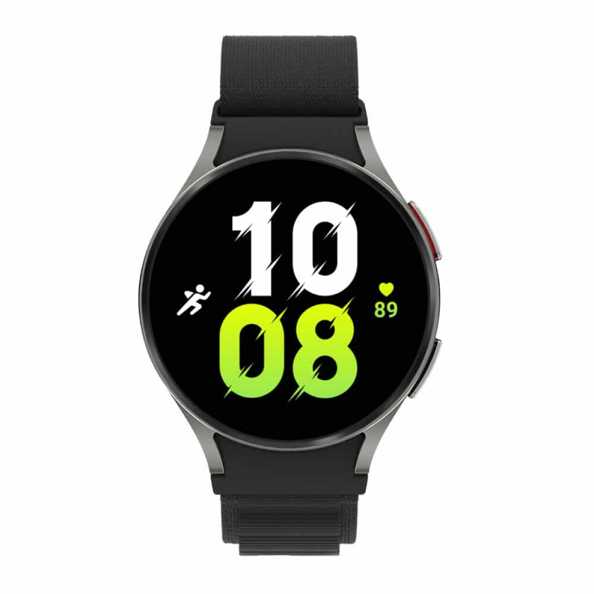 Eine silberne Smartwatch mit schwarzem Armband zeigt 10:08 an. Ein grünes Herzfrequenzsymbol ist vorhanden.