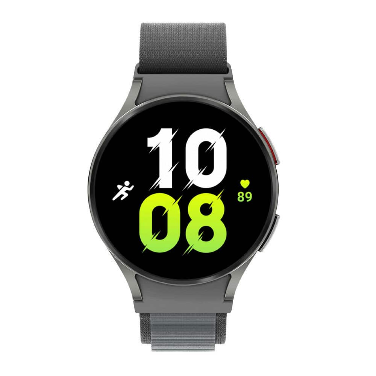 Eine silberne Smartwatch mit dunklem Display, das die Uhrzeit und einen Herzfrequenzmesser anzeigt. Die Uhr hat ein graues Armband.
