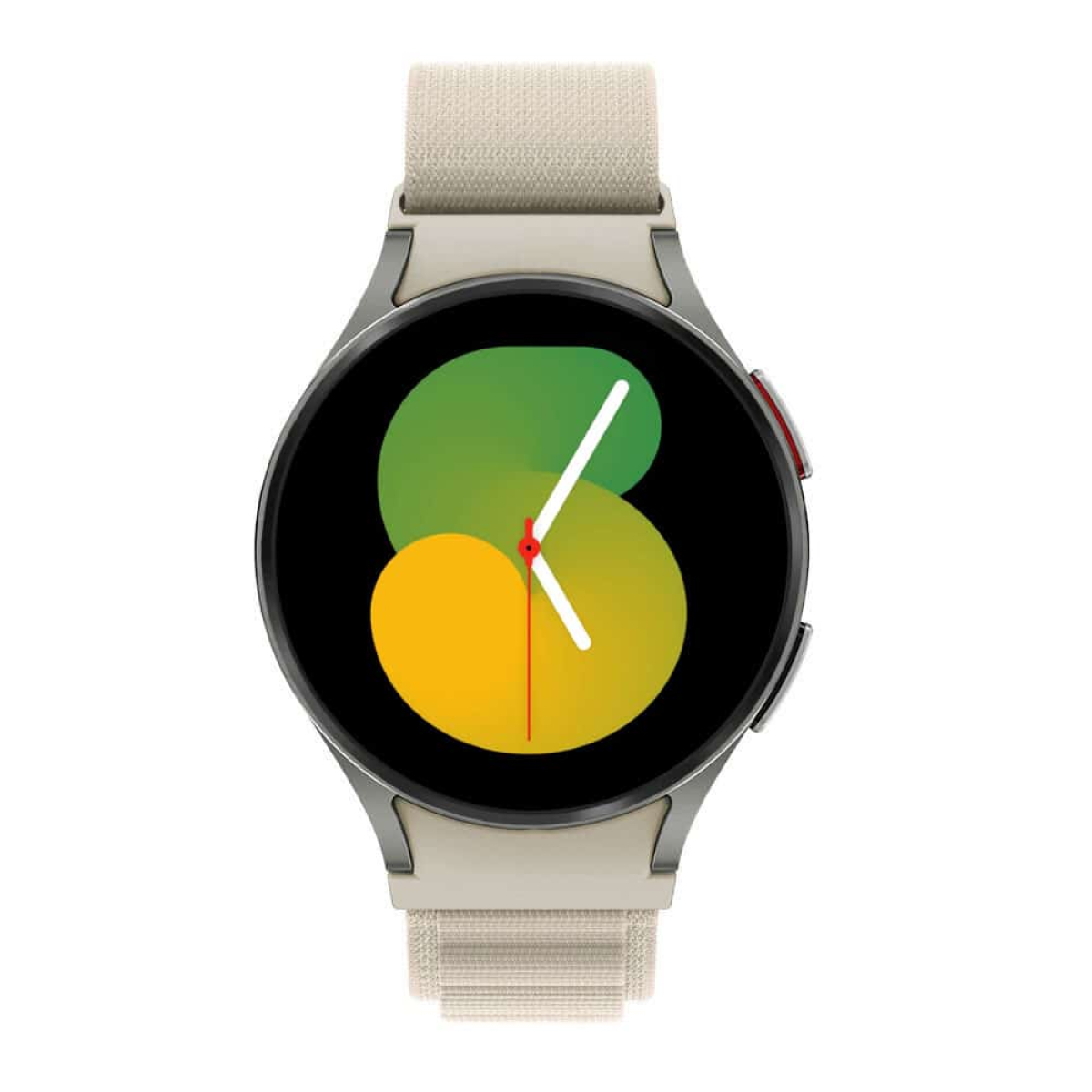 Runde Smartwatch mit cremefarbenem Armband und farbenfrohem Display.