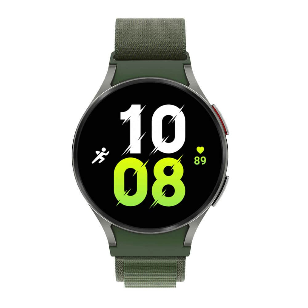 Eine Smartwatch mit grünem Armband, die die Zeit und Gesundheitsmetriken anzeigt.