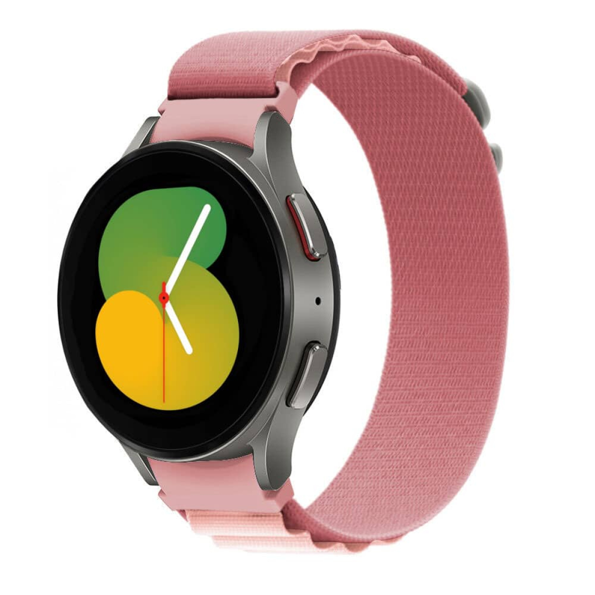 Eine silberne Uhr mit pinkfarbenem Armband und grün-gelbem Zifferblatt. Die Uhr wird angezeigt.