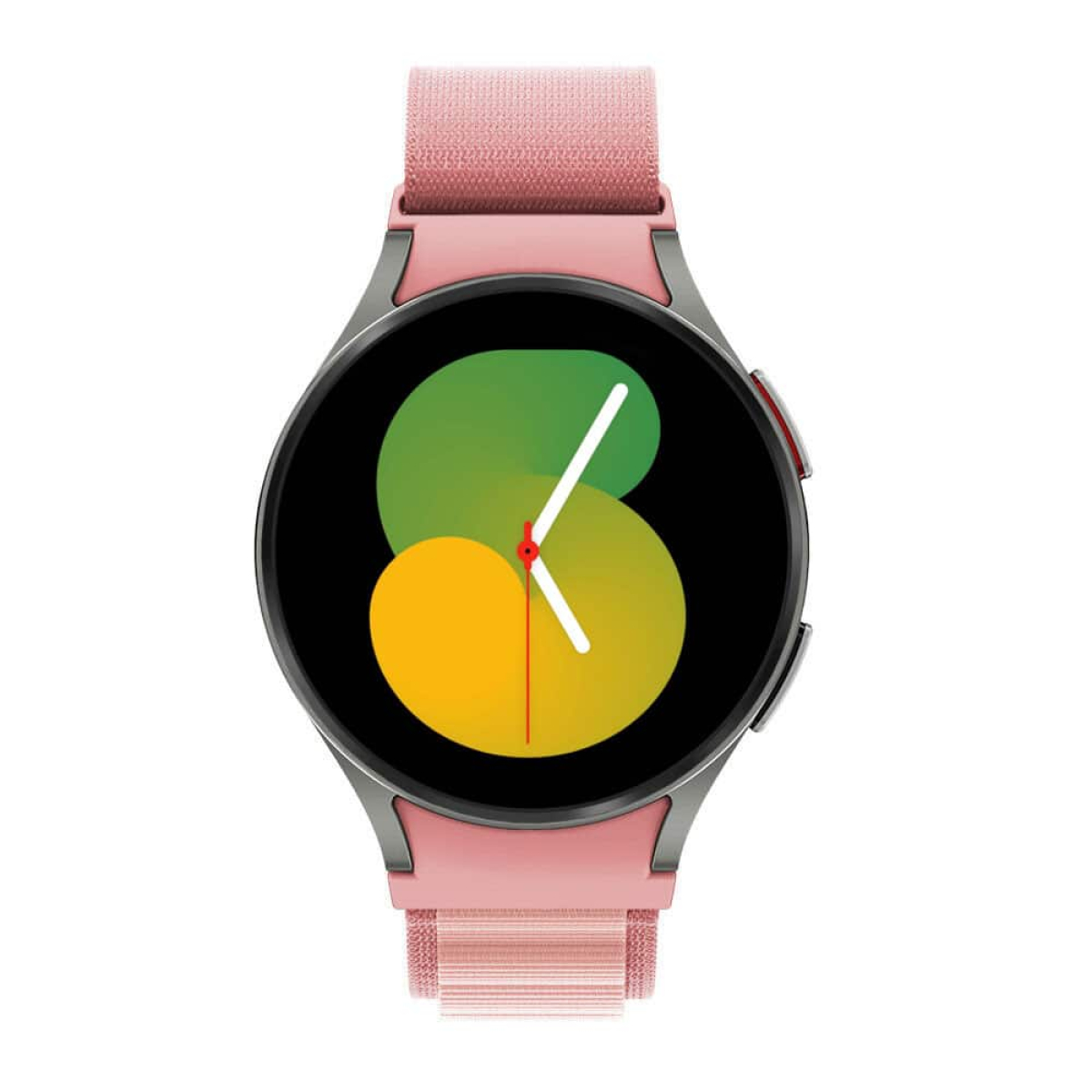 Rosa Smartwatch mit rundem Zifferblatt, das ein farbenfrohes Design zeigt, an einem rosafarbenen Stoffarmband.