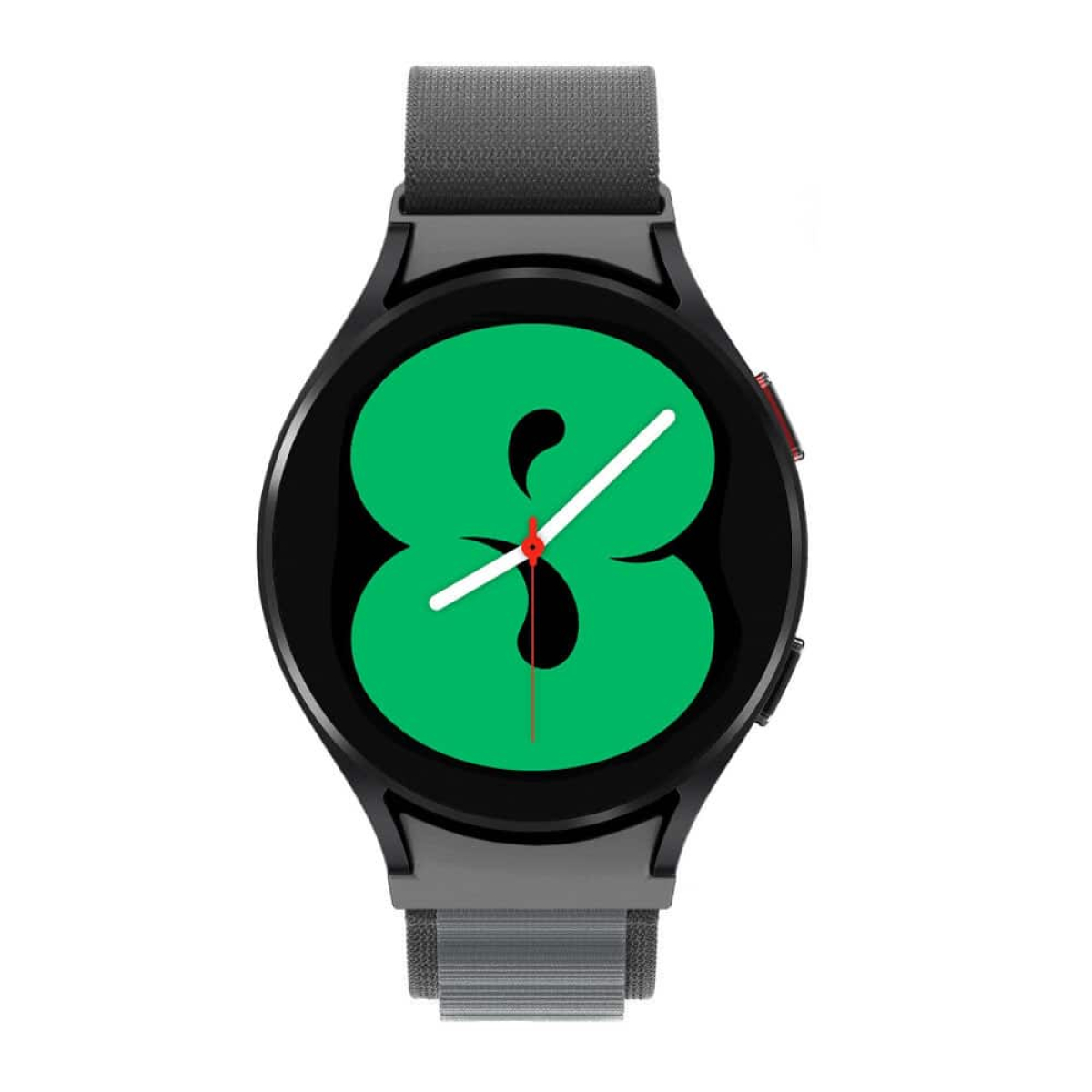 Eine schwarze Smartwatch mit grünem Display, das eine Ziffer 8 anzeigt. Die Uhr hat ein graues Armband.