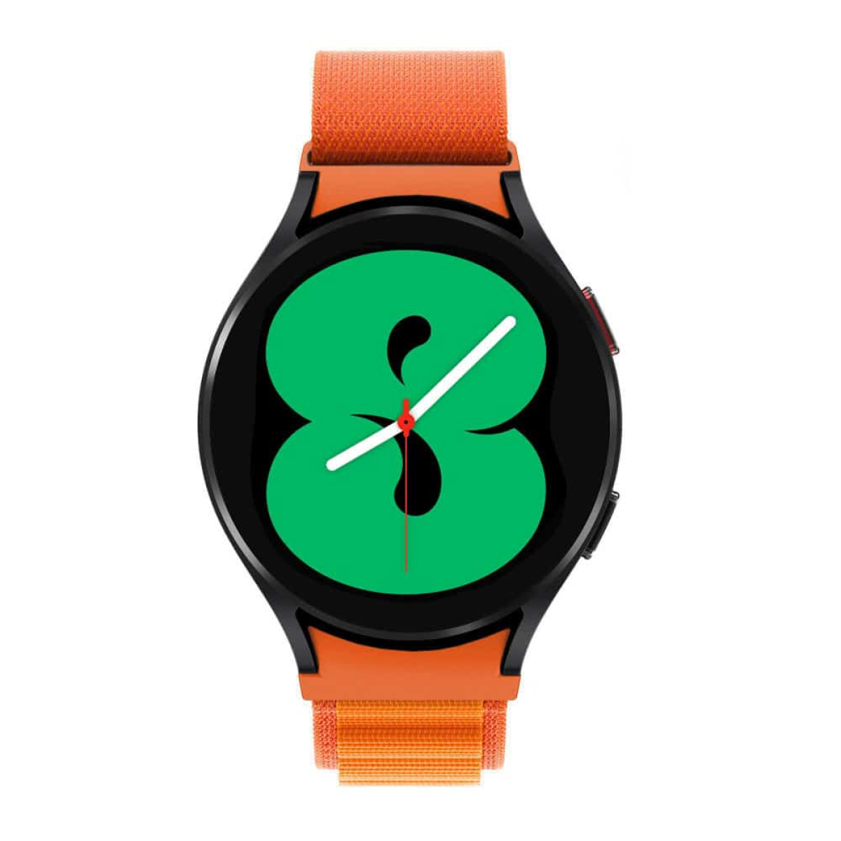 Orange Uhr mit schwarzer Lünette und grüner Anzeige mit digitaler Zahl 8. Orangenband.