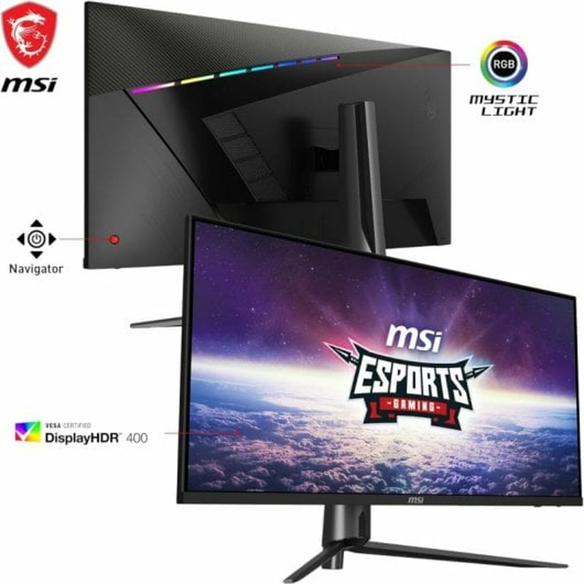Monitor gaming MSI. El monitor es negro con soporte. Tiene barra de luz RGB en la parte posterior.