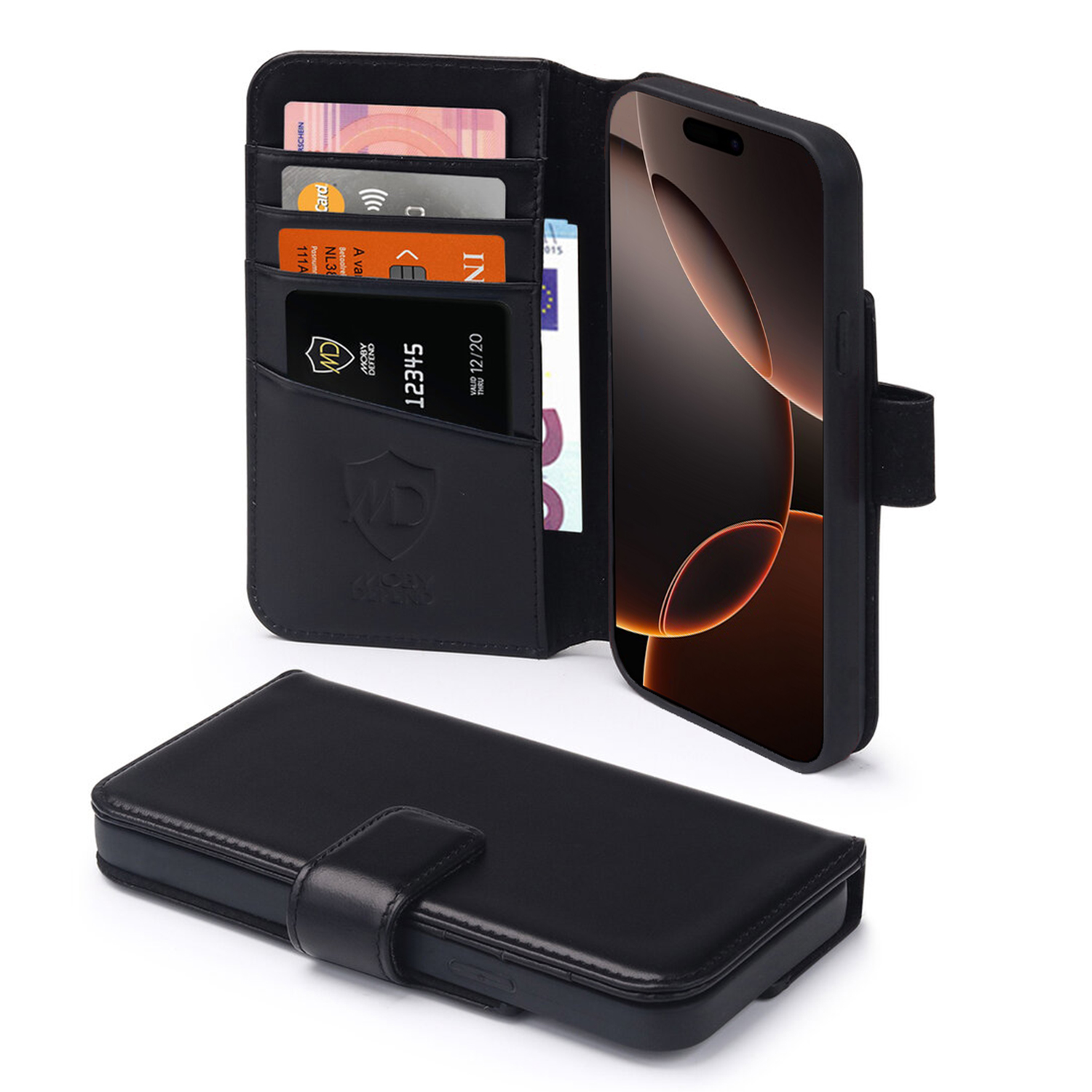 Un étui portefeuille noir pour téléphone avec cartes, espèces et un téléphone noir.