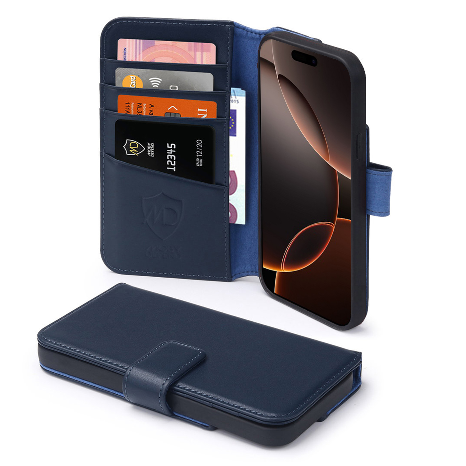 Étui portefeuille bleu pour téléphone avec cartes à l'intérieur, ouvert et fermé.