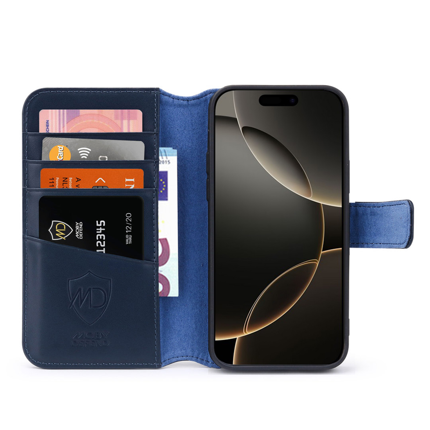Blauwe telefoonhoes met portemonnee-functie. Bevat creditcards en een telefoon.