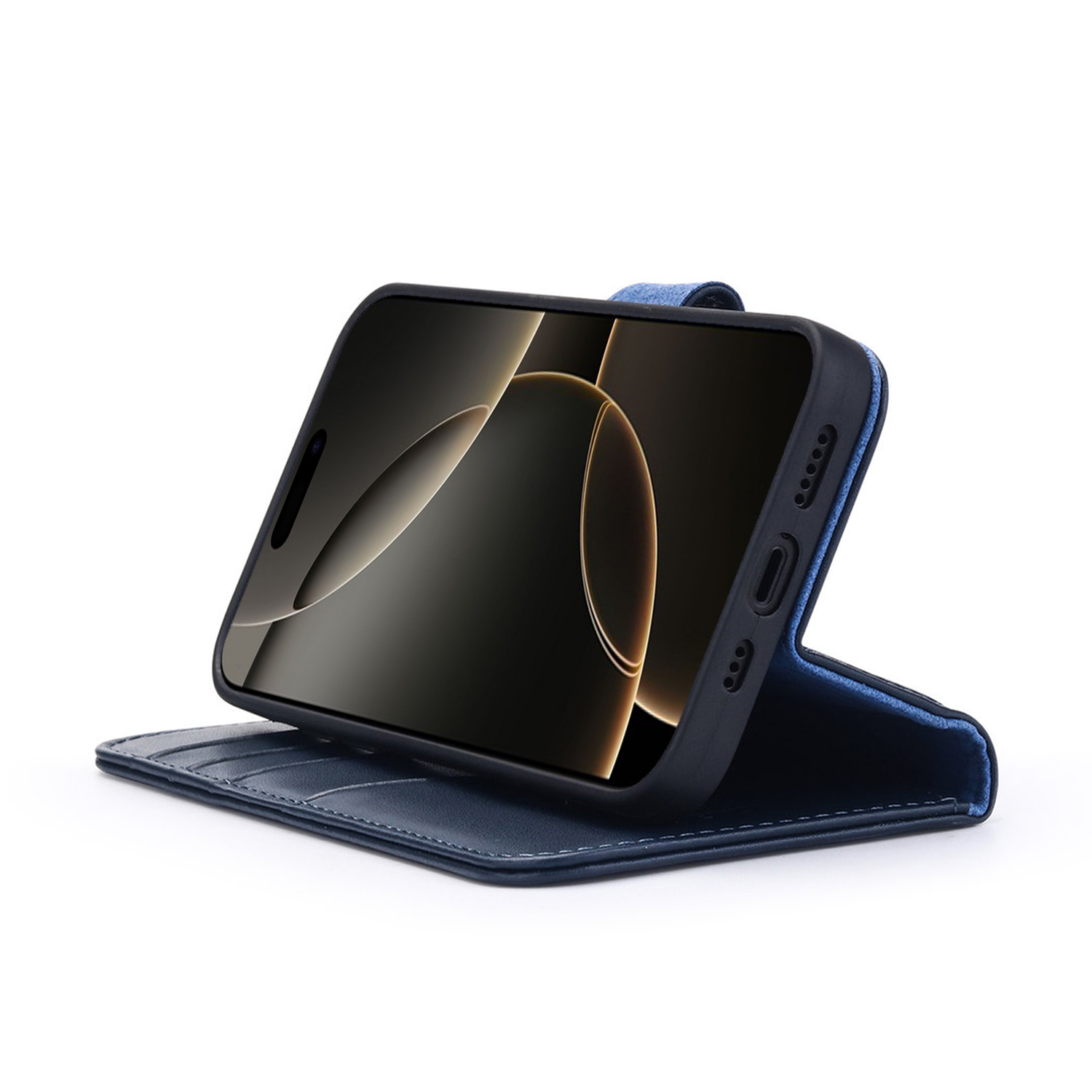 Een telefoon in een blauwe en zwarte hoes, geopend om het scherm te laten zien.