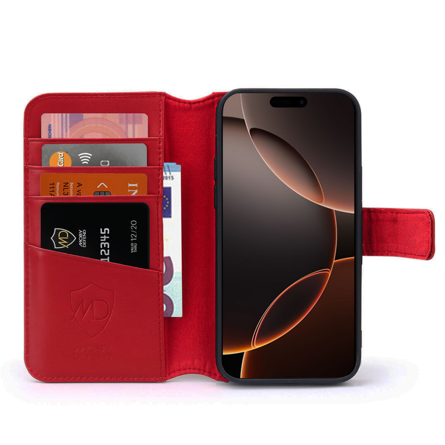 Portefeuille de téléphone rouge avec cartes et smartphone.