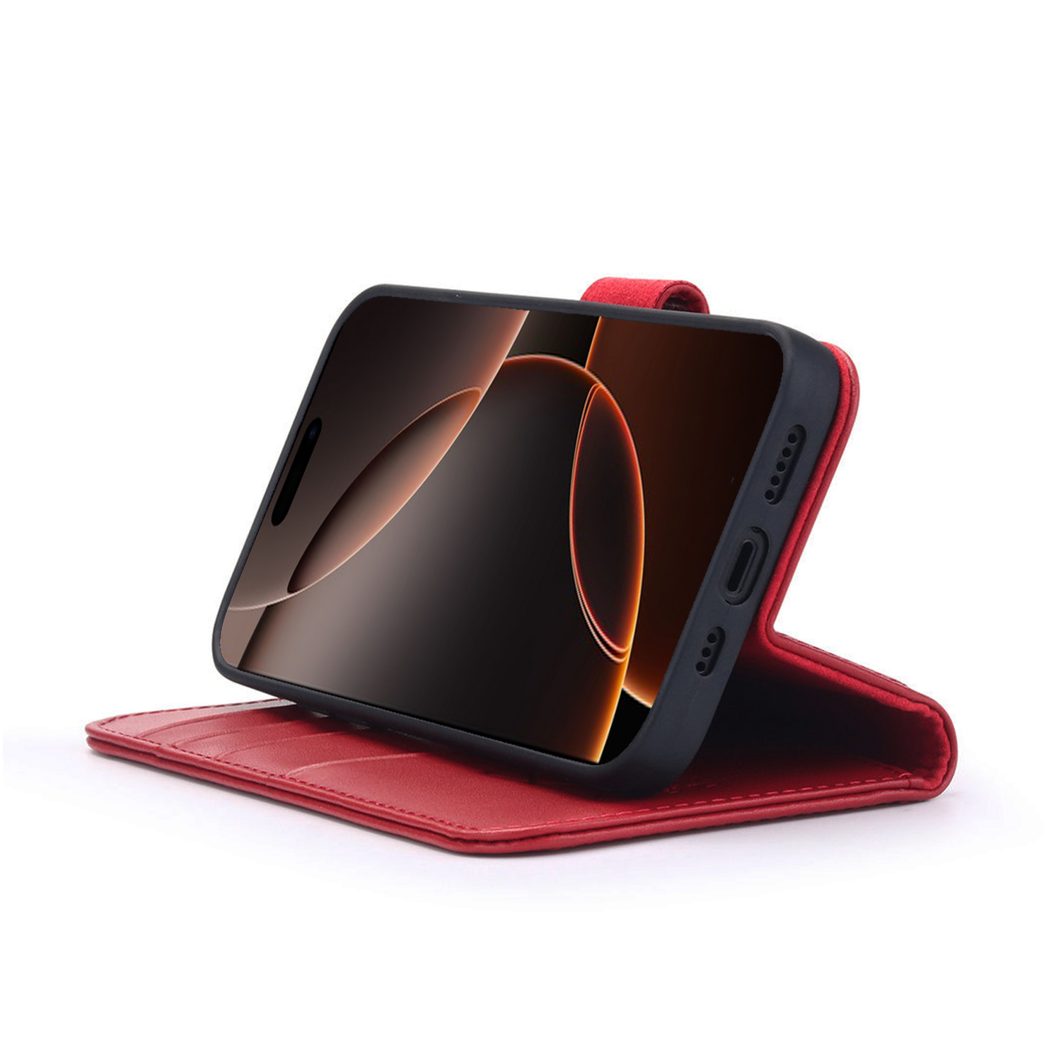 Étui de téléphone rouge avec un téléphone à l'intérieur, affichant un motif. L'étui est ouvert pour afficher le téléphone.