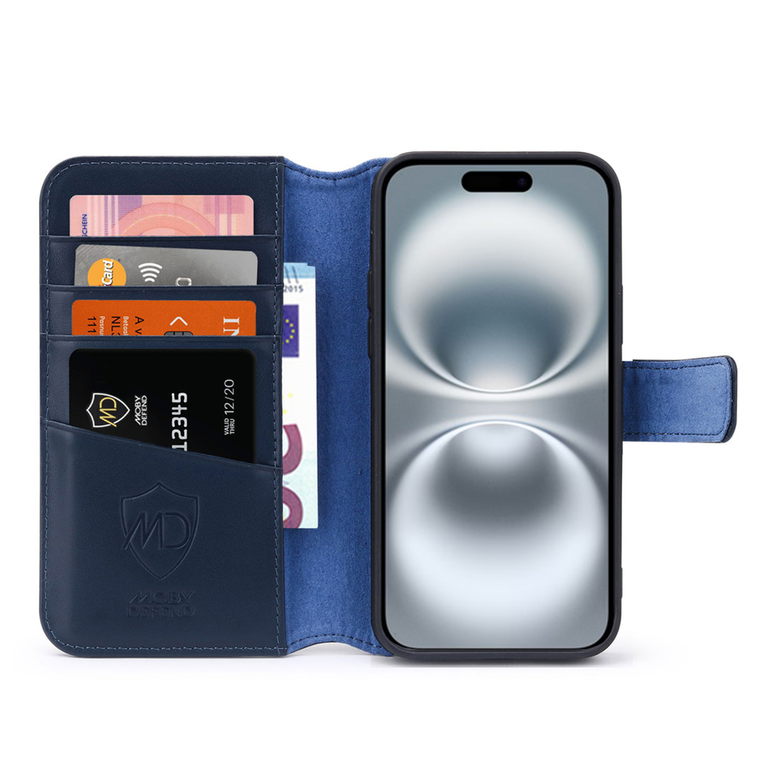 Een blauwe telefoonhoes portefeuille met kaarten, contant geld en een zwarte telefoon.