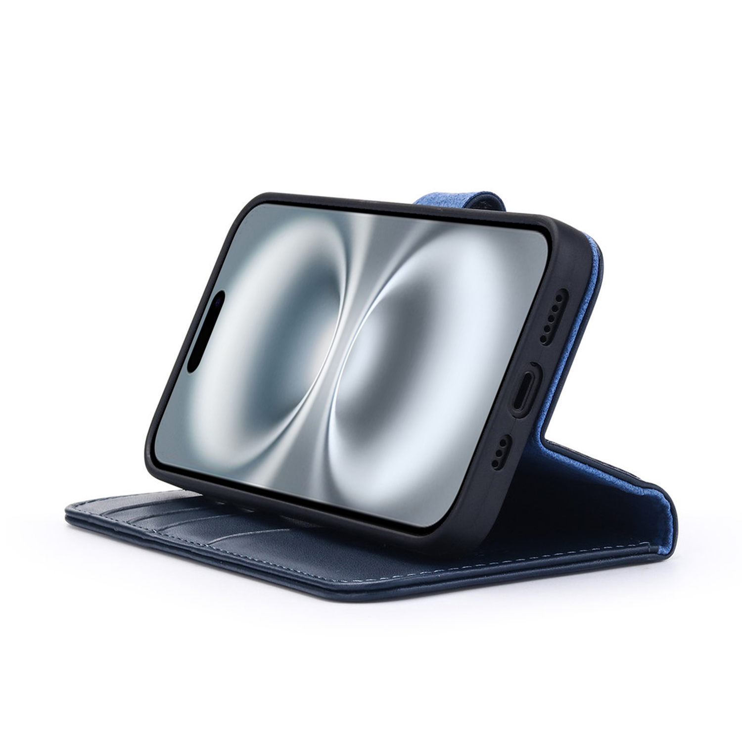 Telefoon in blauwe case op een blauwe portemonnee-achtige standaard. Scherm toont zilveren wervelachtergrond.