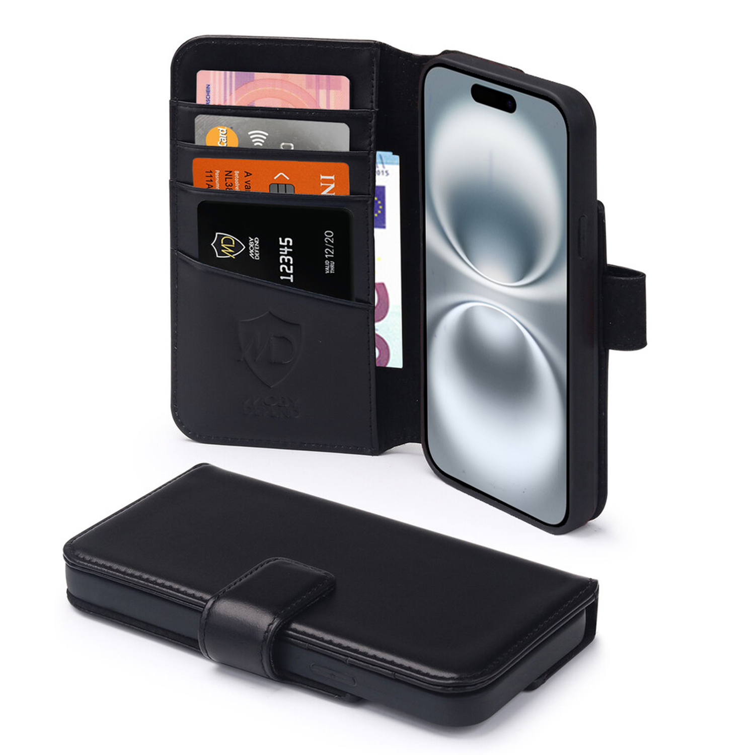 Zwarte portemonnee-etui open, met telefoon en kaartsleuven. Zwarte achtergrond.
