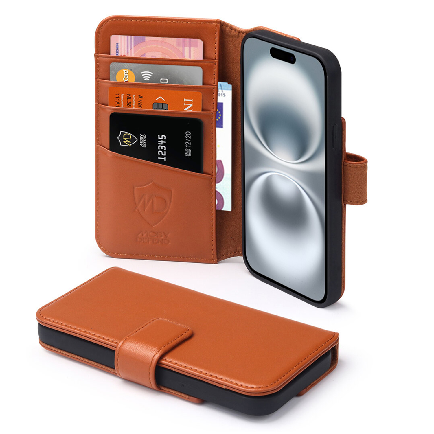 Bruin leren telefoonhoesje met portemonneefunctie. Telefoon rechts. Kaarten en contanten zichtbaar.