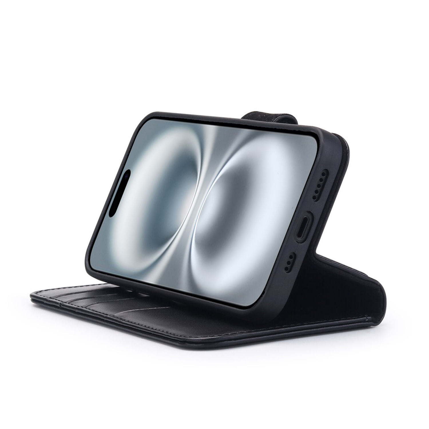 Zwarte telefoonhoes met open portemonnee. Telefoonscherm toont een abstract wervel ontwerp.