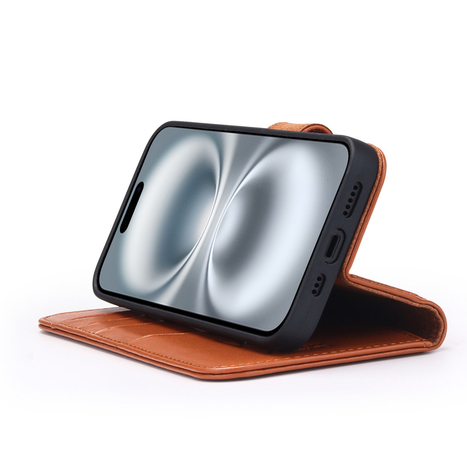 Telefoon in een bruine leren hoes, opgezet. Telefoon staat naar voren, met een leeg scherm.