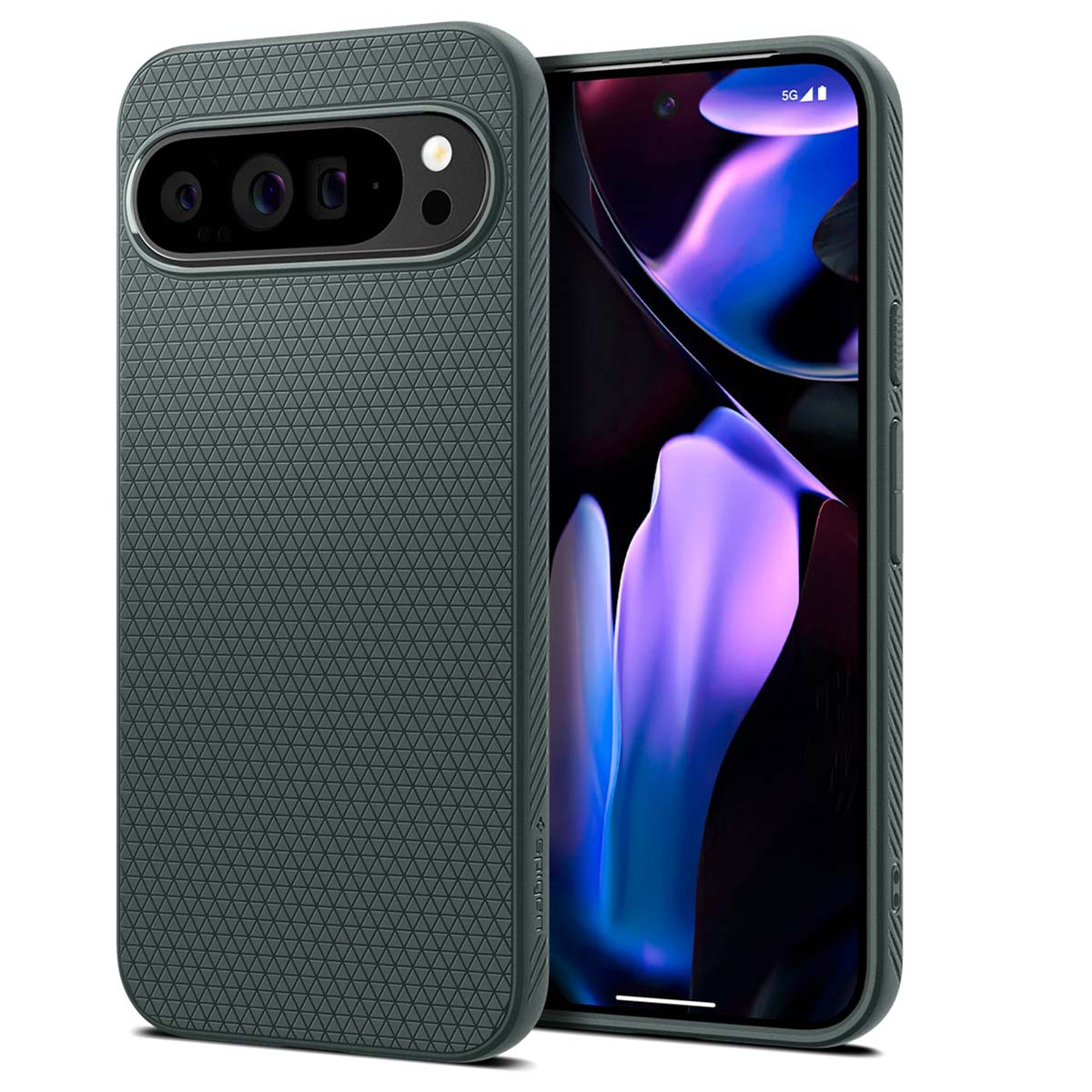 Een donkergrijze telefoonhoes met een textuurpatroon, die de camera van een telefoon laat zien.
