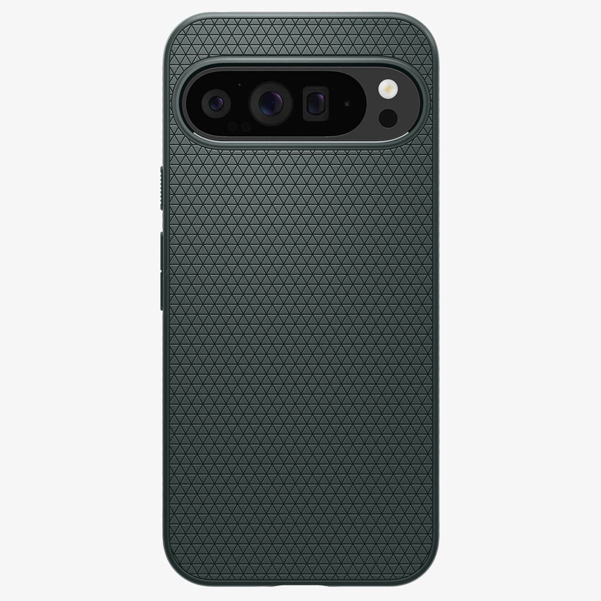 Donkergroene telefoonhoes met een textuurpatroon. Camerabehuizing bevindt zich boven.