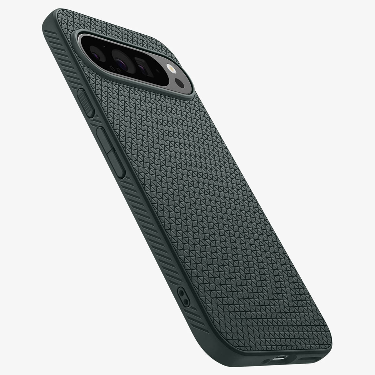 Donkergroene telefoonhoes op witte achtergrond. De hoes heeft een textuurpatroon en een cameragat.
