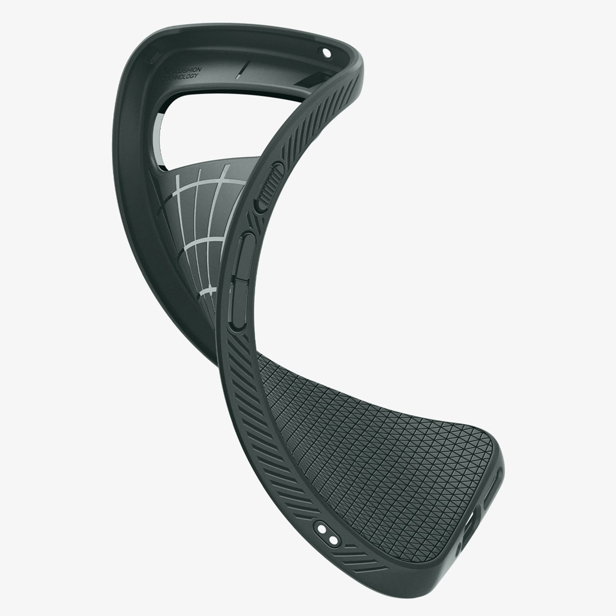 Een zwart telefoonhoesje met een gestructureerde achterkant. Het is flexibel en gebogen.