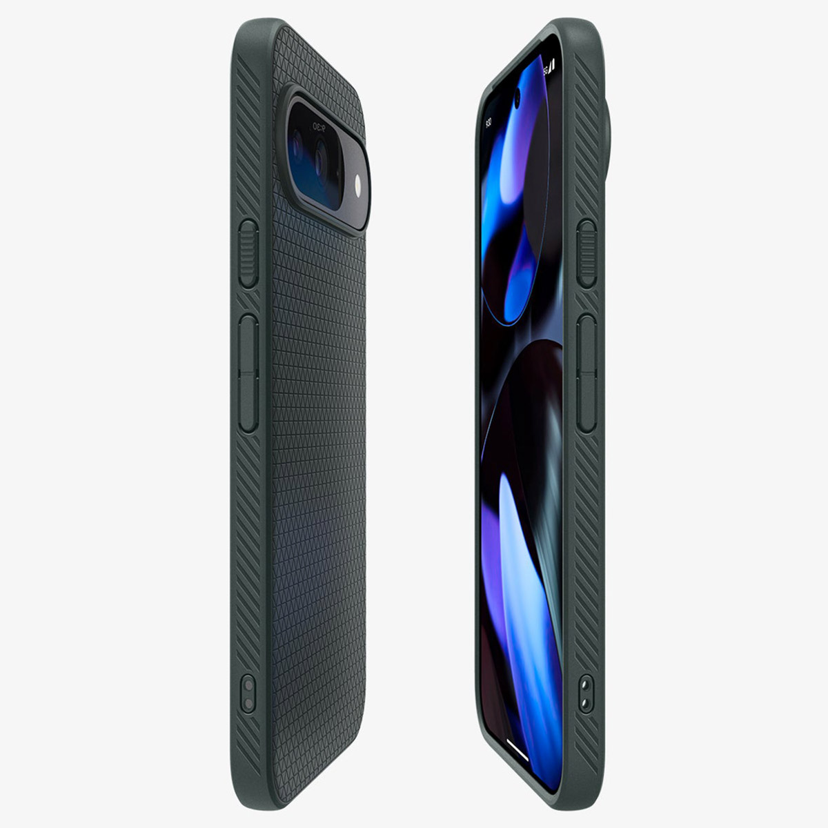 Telefoonhoesje met dubbele camera, zwarte textuurzijde en telefoonscherm.