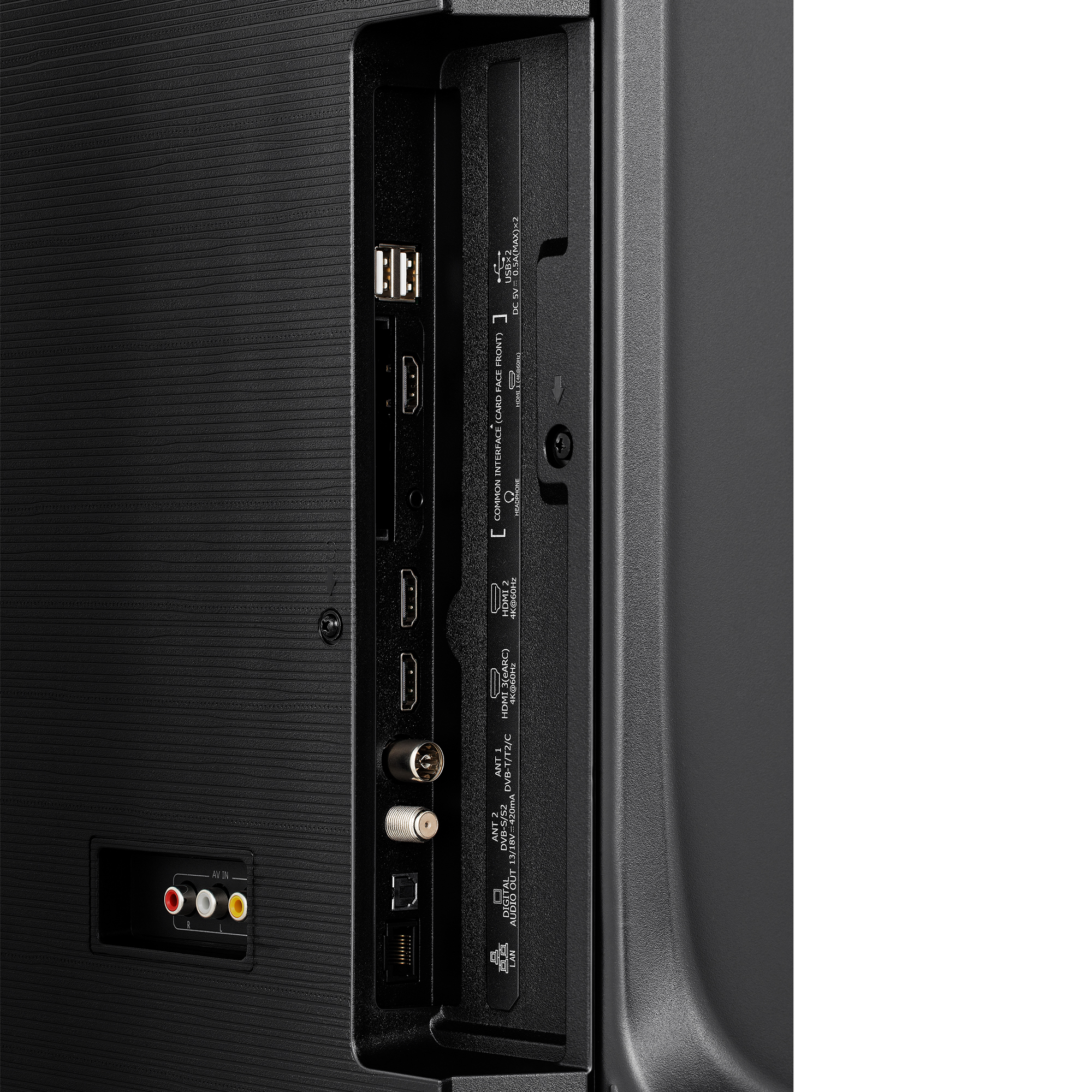 Nahaufnahme von TV-Anschlüssen, einschließlich HDMI und USB, auf einer schwarzen strukturierten Oberfläche.