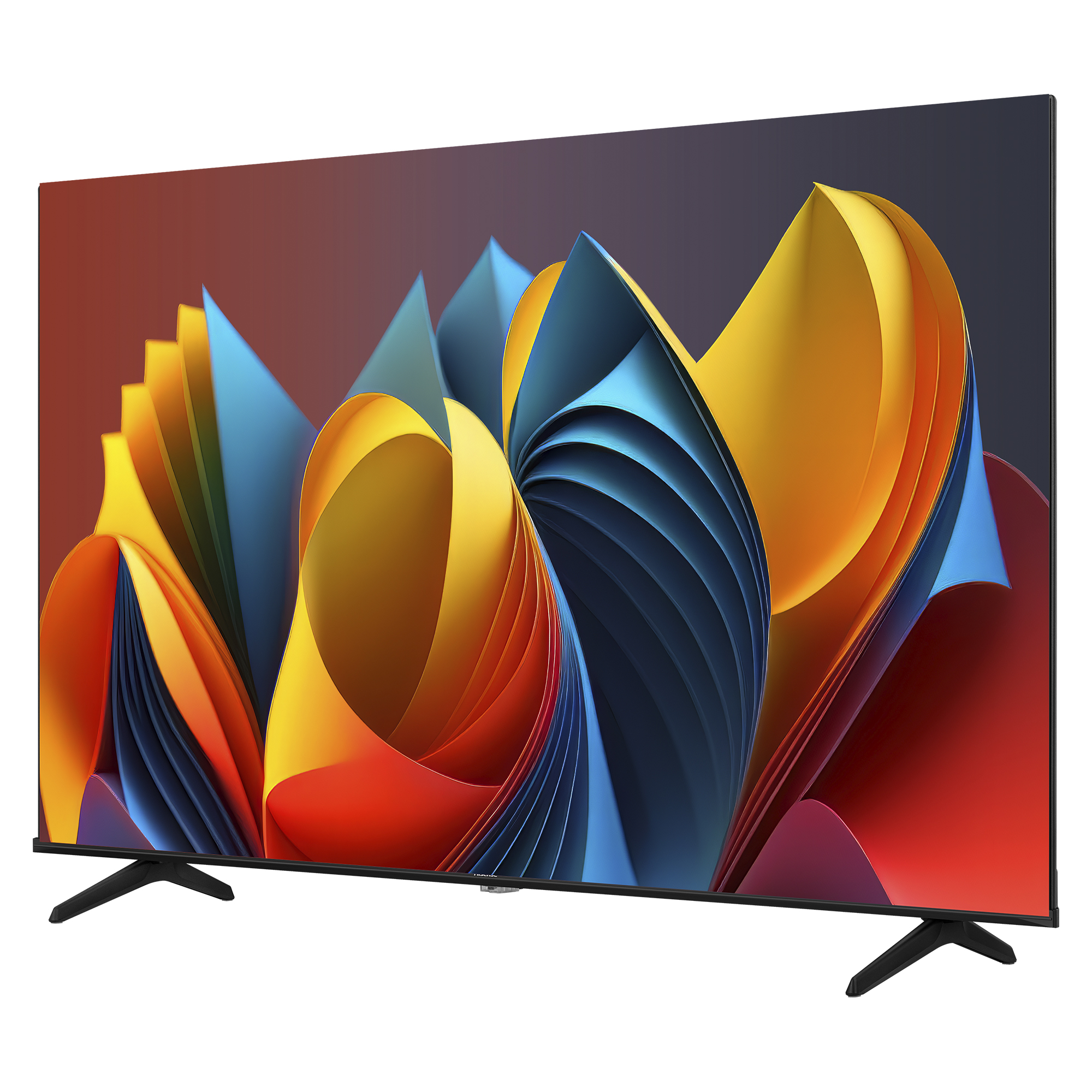 Una pantalla de TV con arte abstracto colorido. Está sobre un soporte y patas negras.
