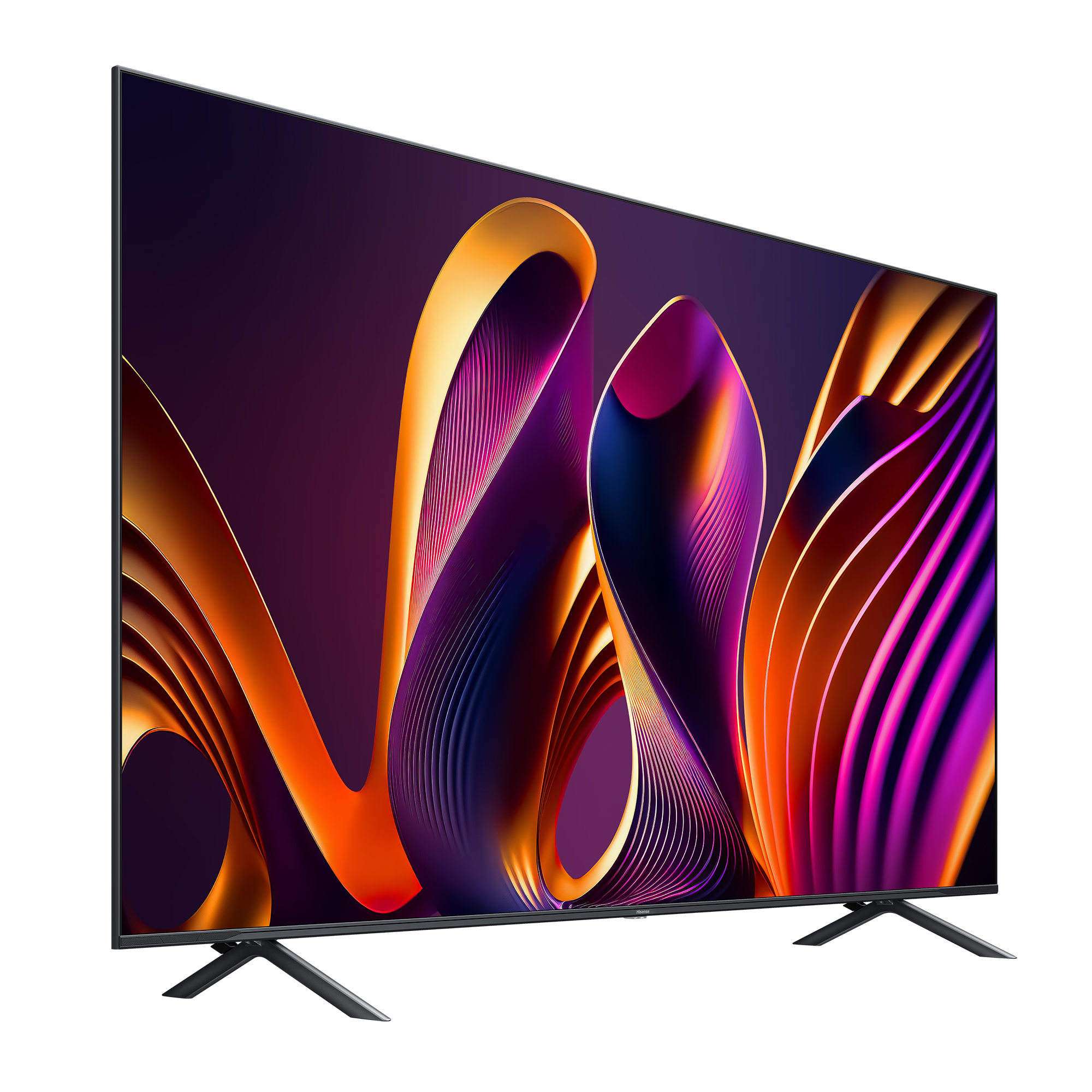 TV a schermo grande con design astratto e colorato. Cornice e supporto neri. Colori viola e arancione.