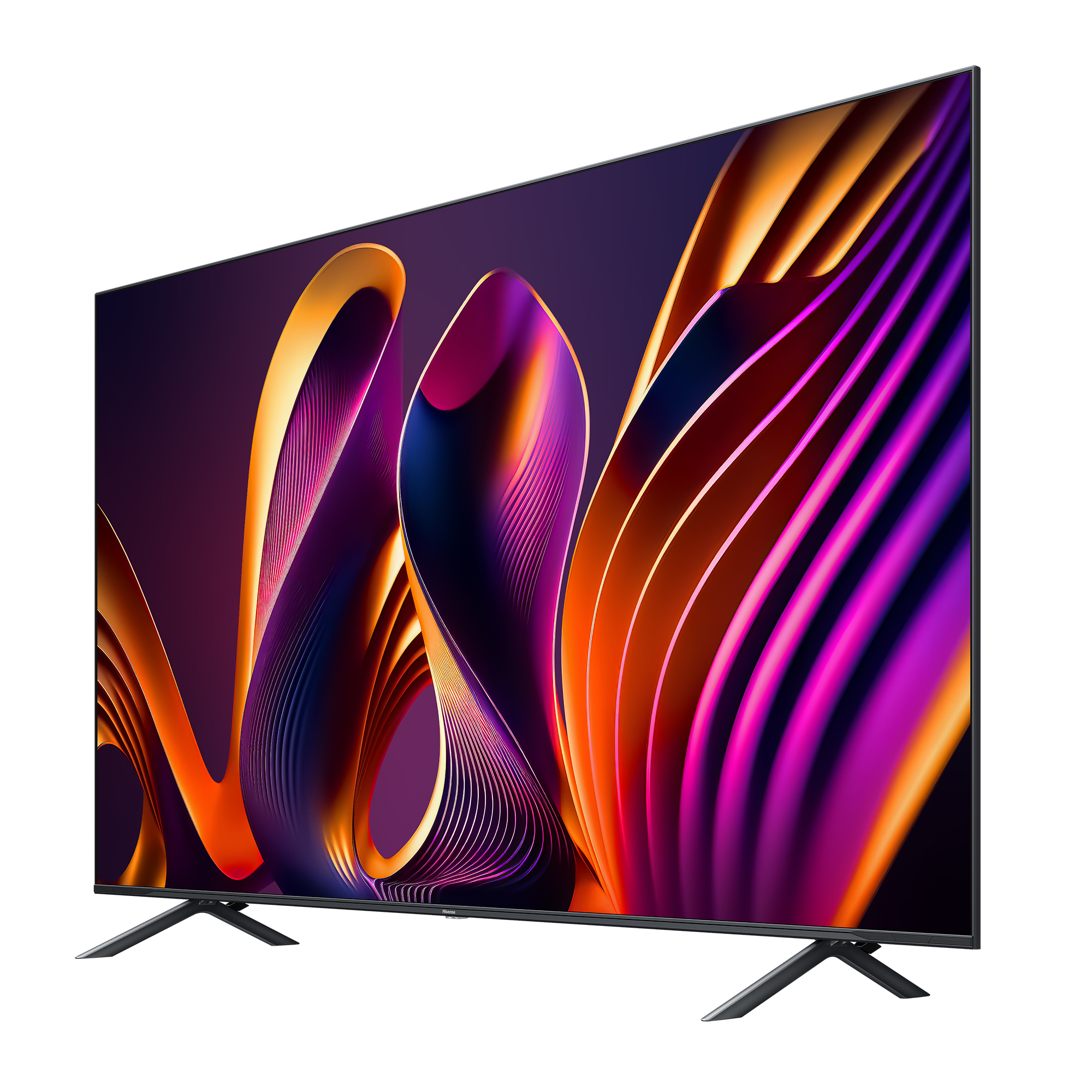 Una grande TV con un design astratto colorato e supporti neri.