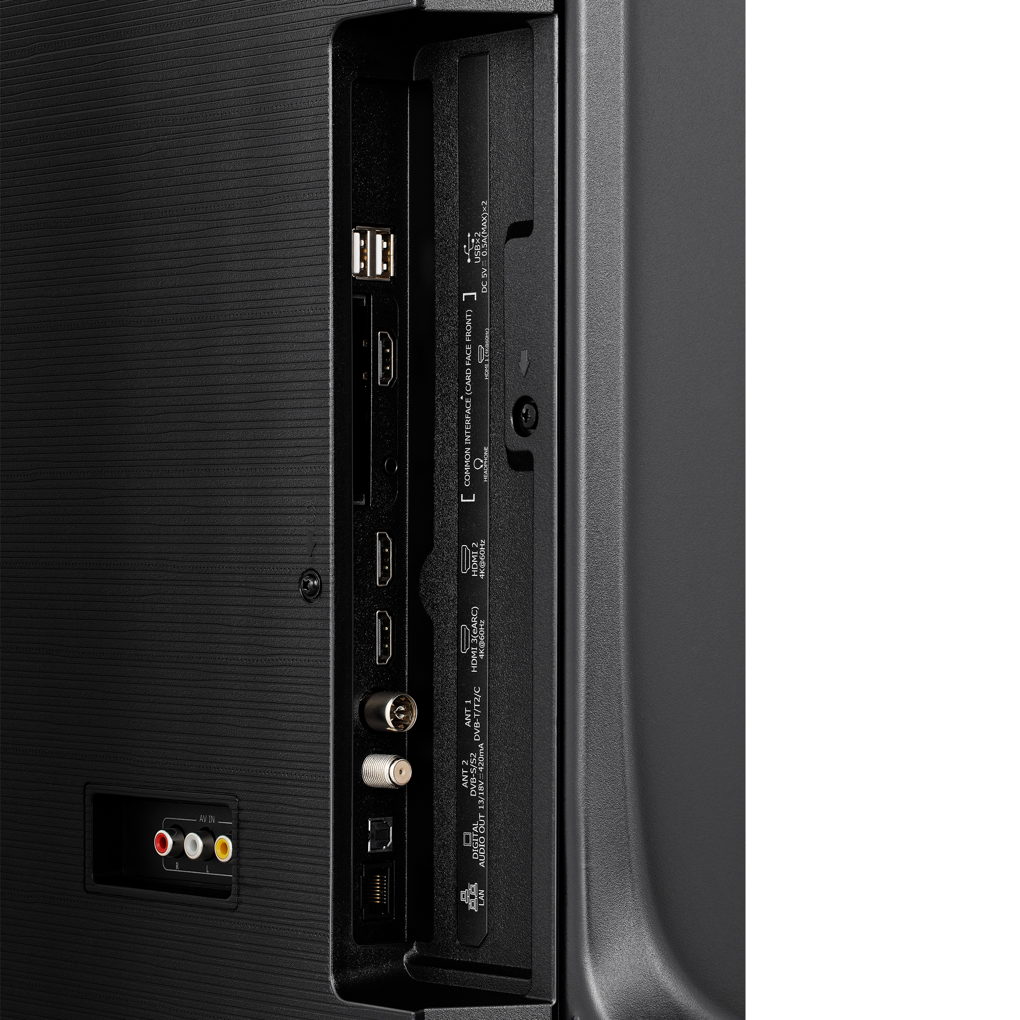 Parte trasera de un televisor con puertos de entrada: USB, HDMI, antena, AV, Ethernet y otros conectores.