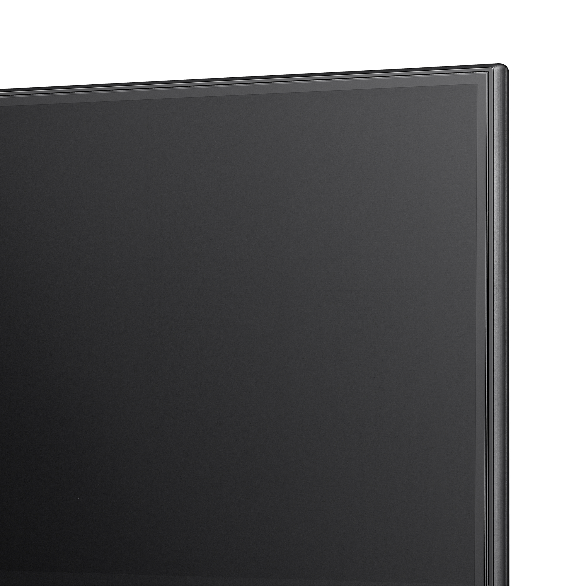 Un primo piano del bordo dello schermo TV, con display e cornice neri.