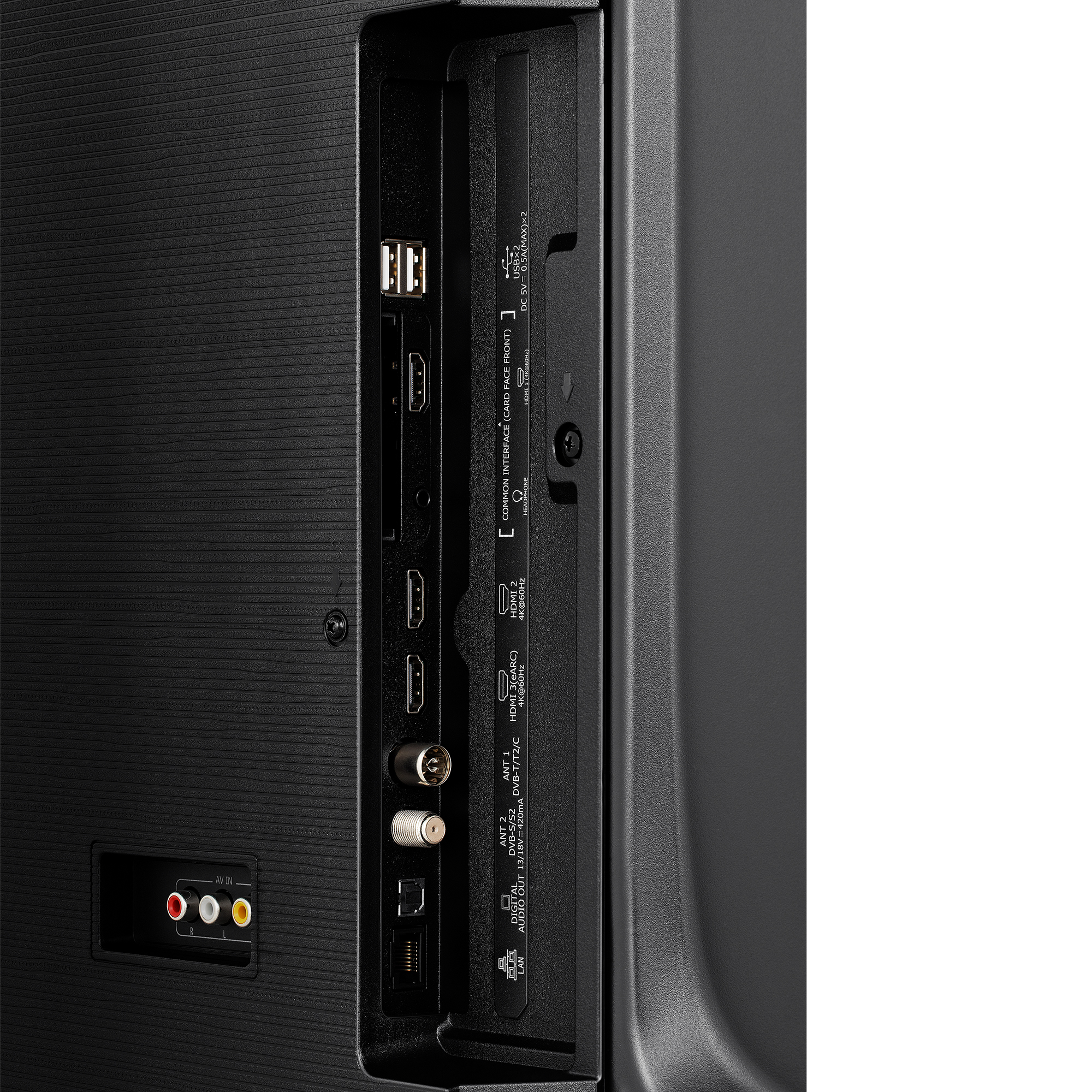 Rückansicht eines Fernsehers mit mehreren Anschlüssen: HDMI, USB und andere. Schwarzes Panel mit verschiedenen Anschlüssen.