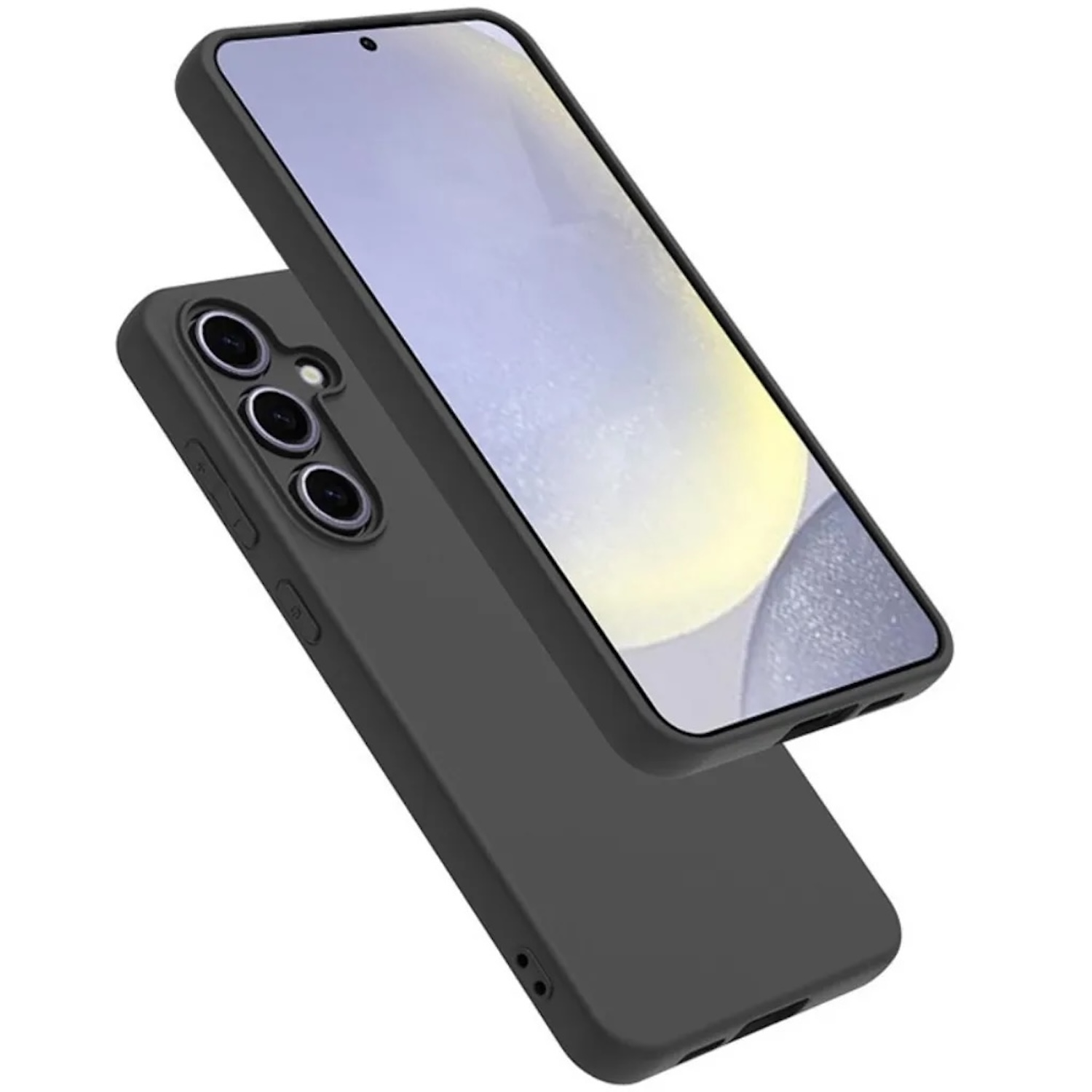 Ein schwarzes Smartphone mit Dreifachkamera auf der Rückseite, leicht erhöht.