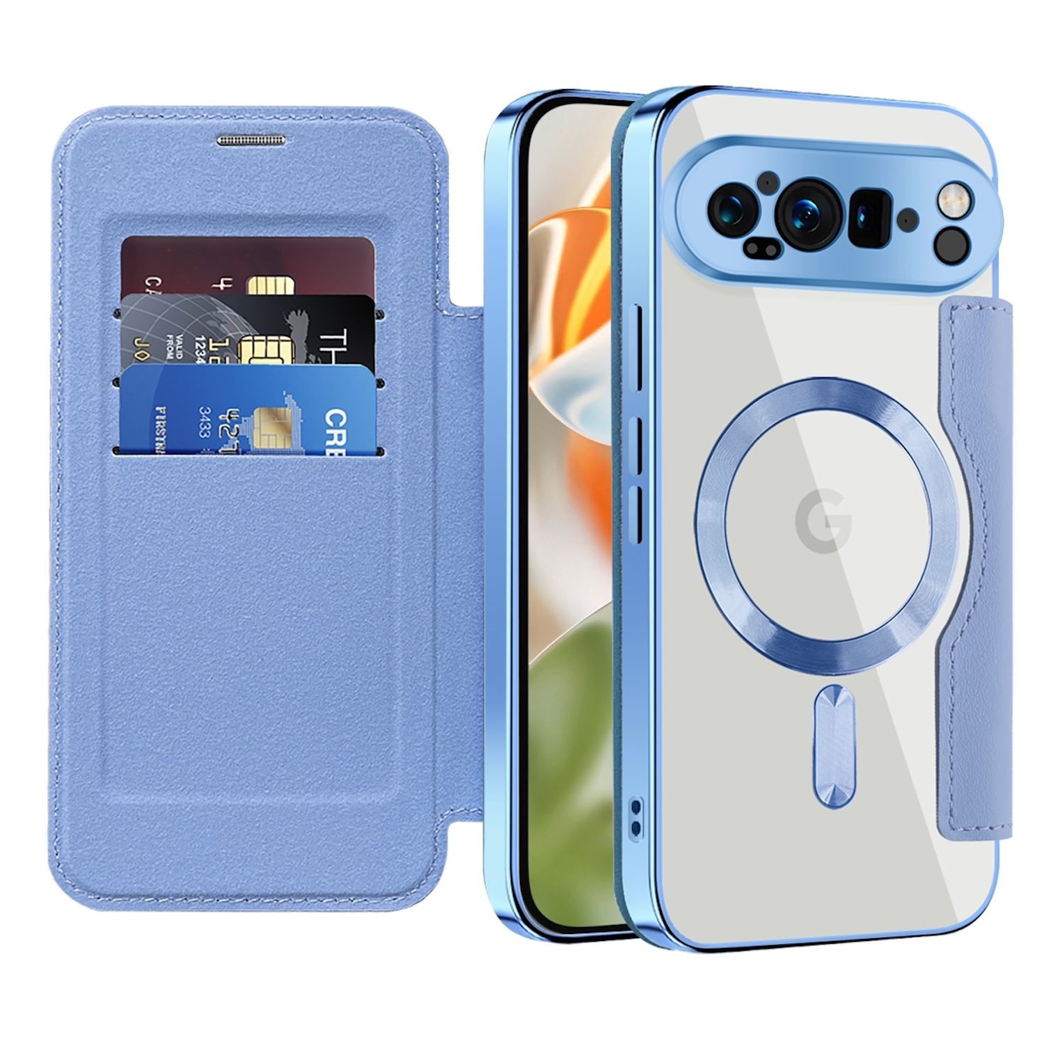 Blaue Handyhülle mit Kreditkarten. Die Hülle ist offen und zeigt Telefon, Karten und einen Magnetkreis auf der Rückseite.