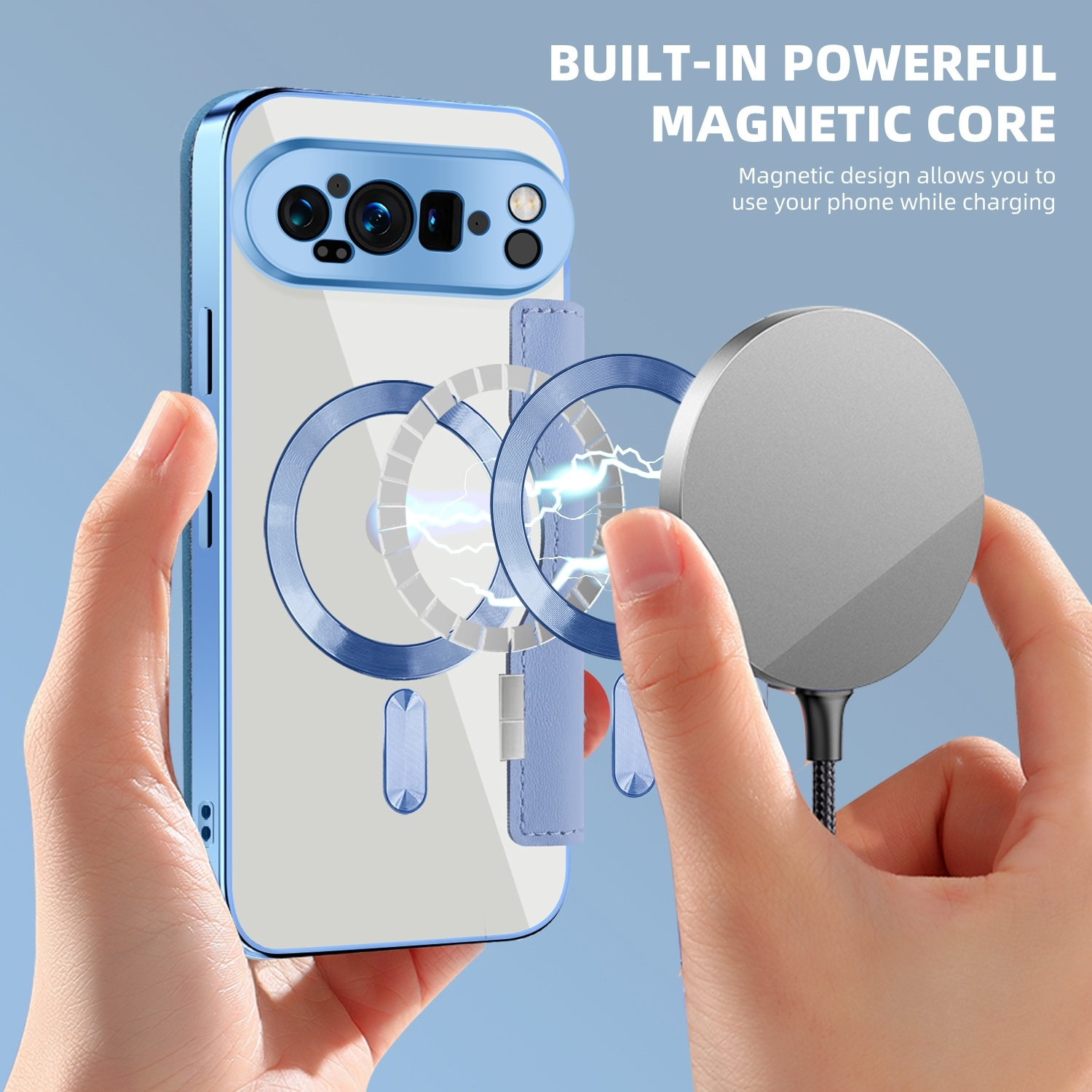Handy-Hülle mit Magnetkern und Telefon in der Hand. Ein Ladegerät wird gezeigt.