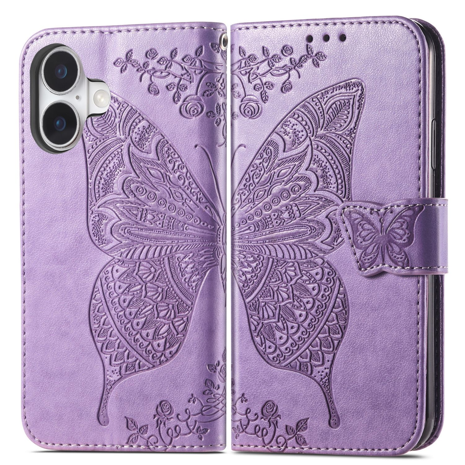 Eine lila Handyhülle mit Schmetterlingsdesign. Der Schmetterling ist geprägt und detailliert. Die Hülle öffnet sich.