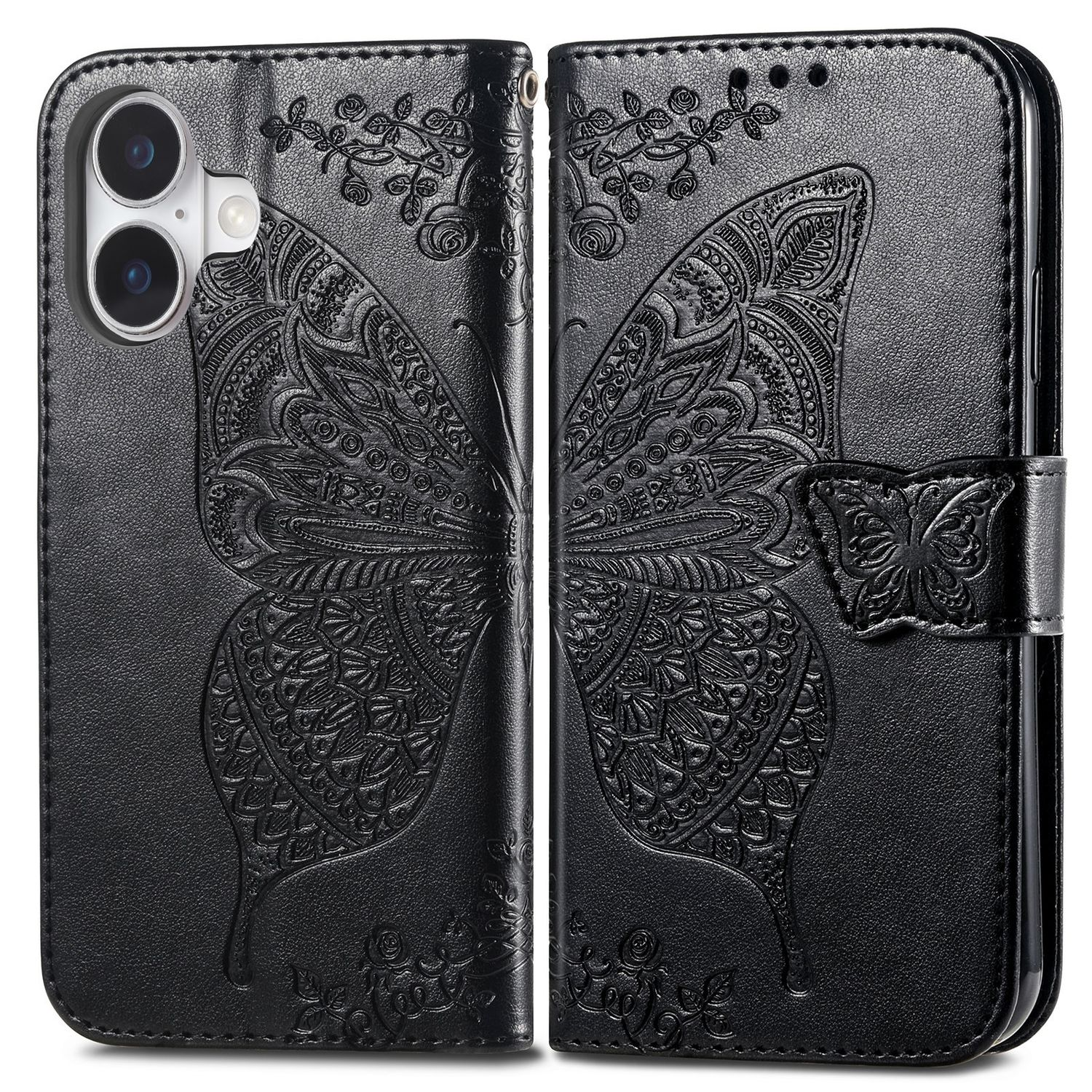Eine schwarze Handyhülle mit Schmetterlingsdesign, geöffnet, um das Telefon freizugeben.