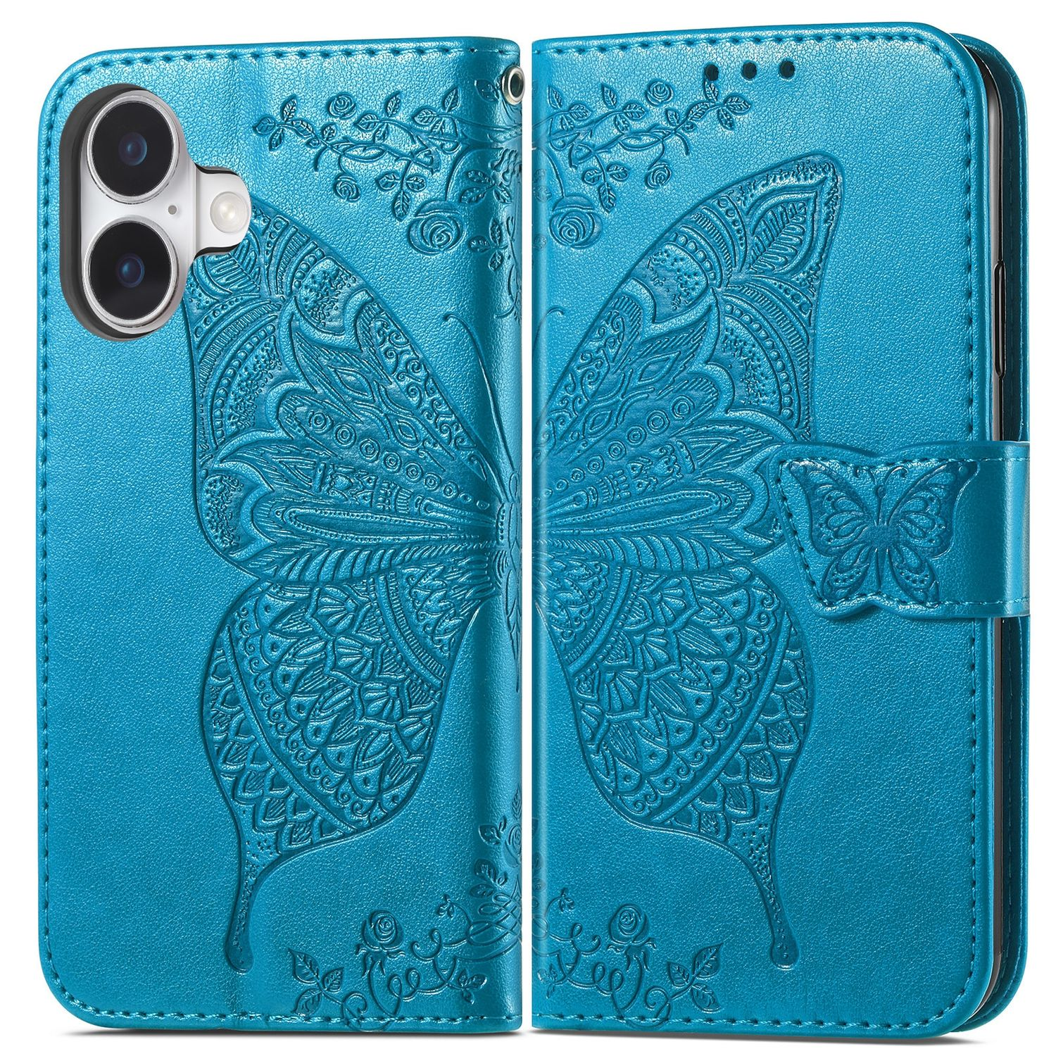 Blaue Handyhülle mit geprägtem Schmetterlingsdesign. Sie ist geöffnet und zeigt die Telefonkamera.