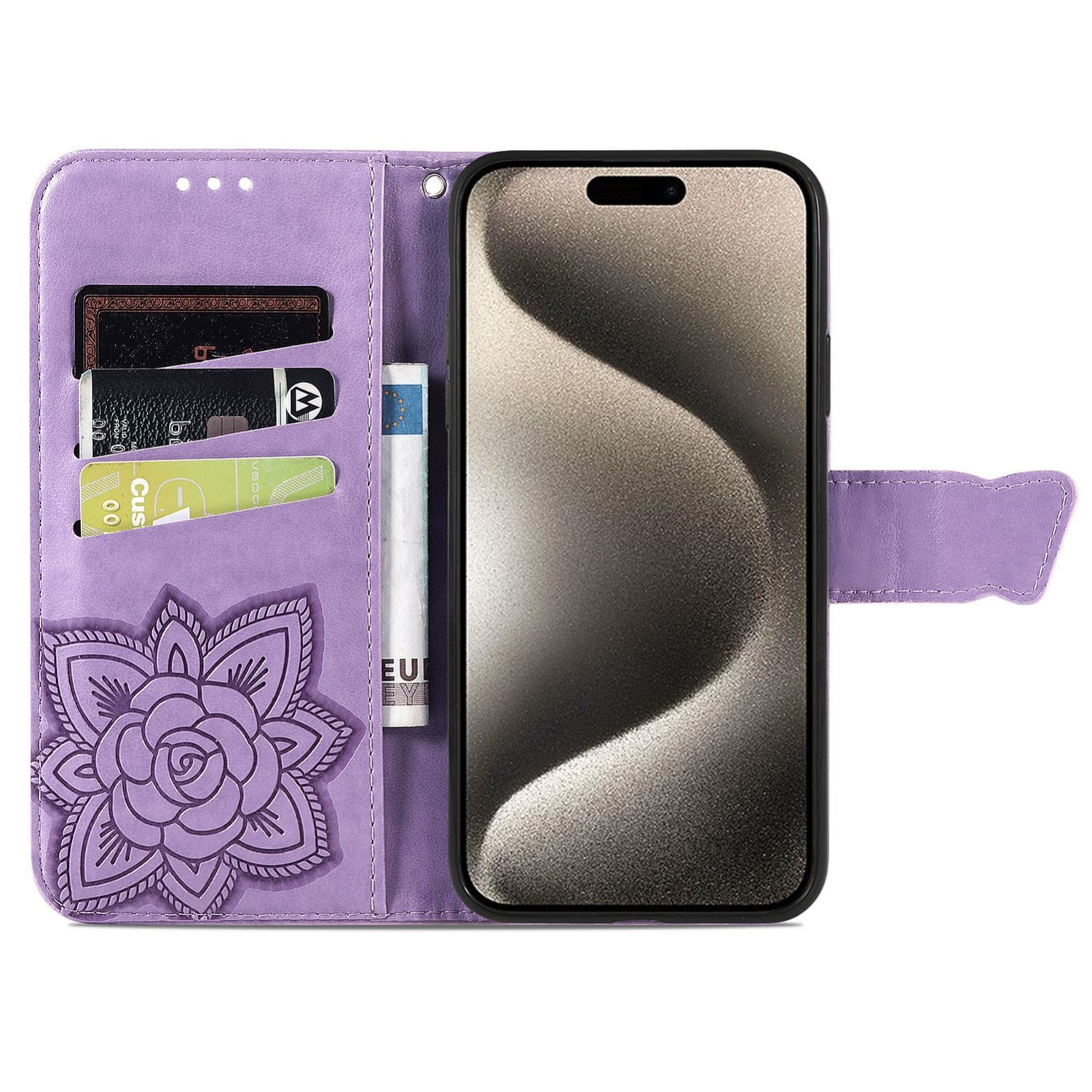 Lila Handyhülle mit floralem Design, hält ein Telefon und Karten, mit Magnetverschluss.
