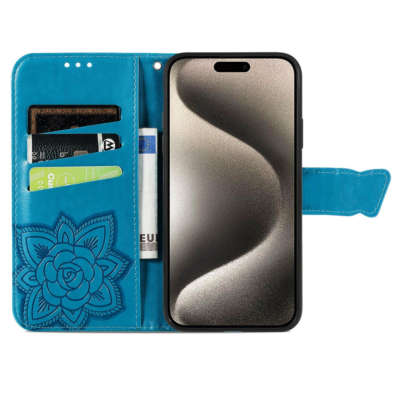 Eine türkisblaue Leder-Handyhülle mit Blumendesign, die Karten, Geld und ein Telefon hält.